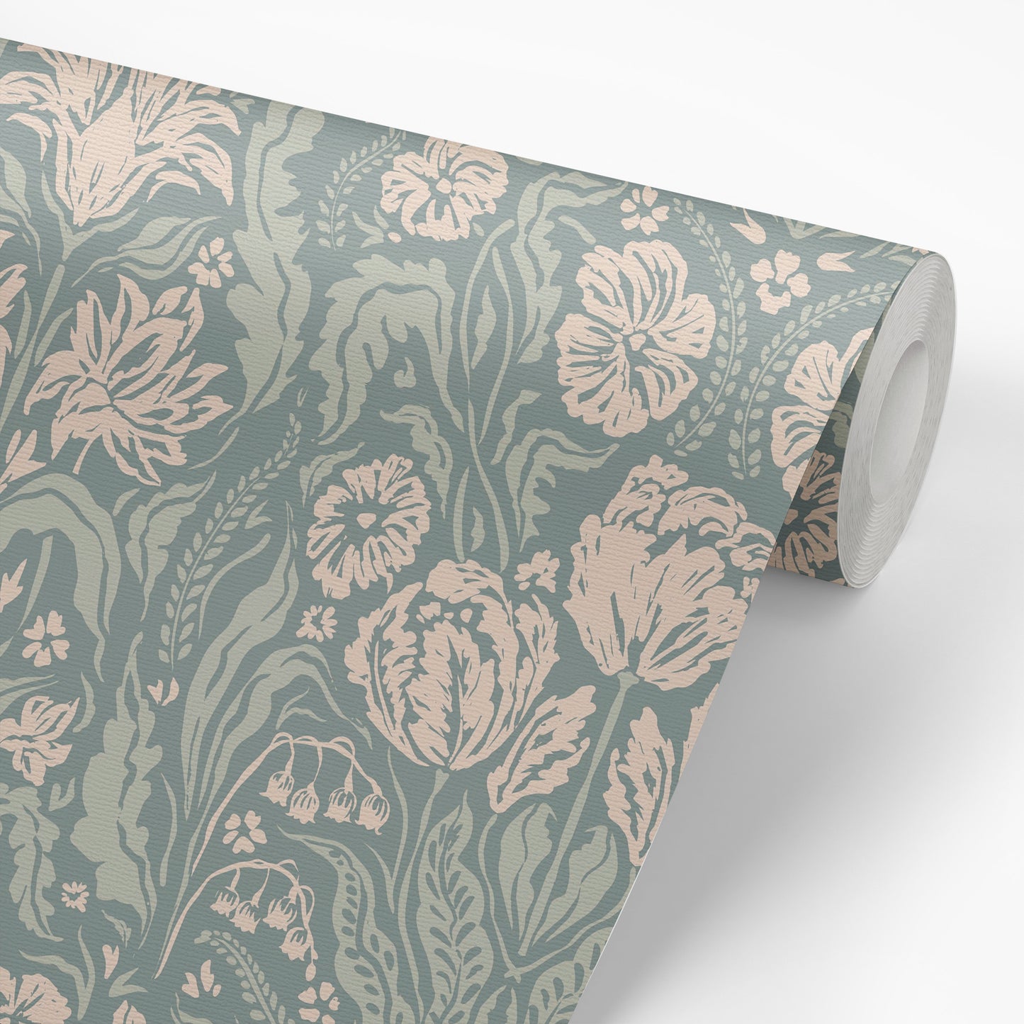 Heritage Spring Wallpaper in Dark Teal shown on a wallpaper roll.