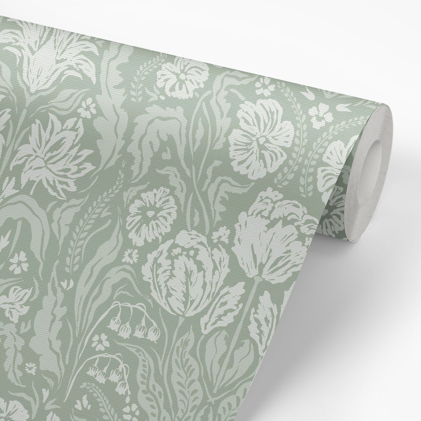 Heritage Spring Wallpaper in Sage shown on a wallpaper roll.