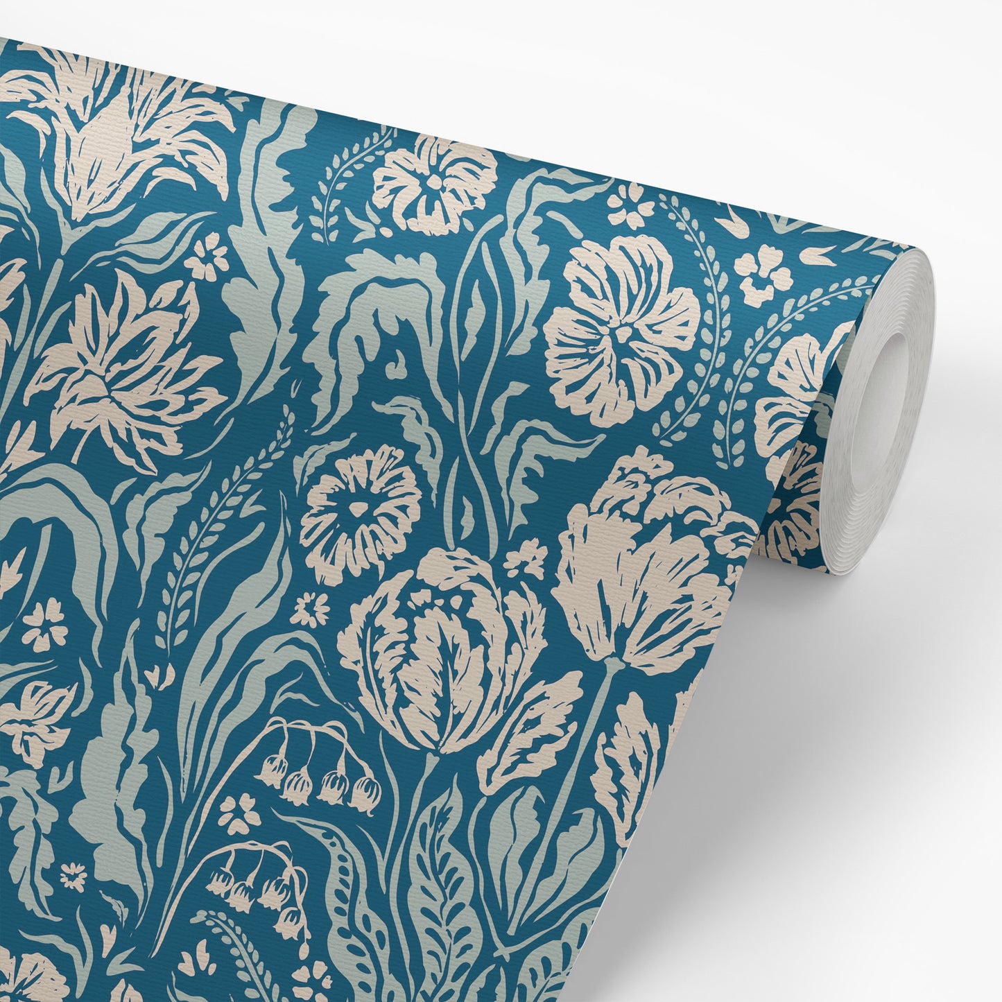 Heritage Spring Wallpaper in Teal and Navy shown on a wallpaper roll.