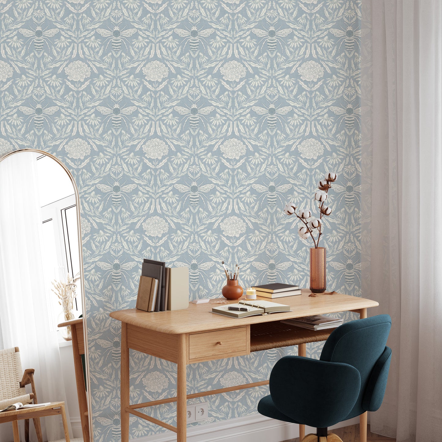 Featuring a stunning classic design of florals and bees, this wallpaper will bring a sense of luxury and sophistication shown in a full size image.