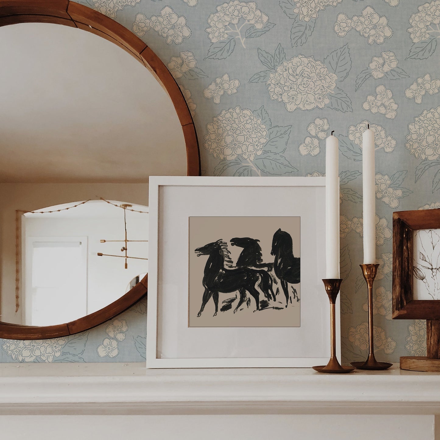 Introduce sophistication to your space with our Hydrangea Gardens Wallpaper in Cloudy Sky Blue. Big, scattered hydrangeas in a sophisticated layout create a luxurious feel shown in a full size image.