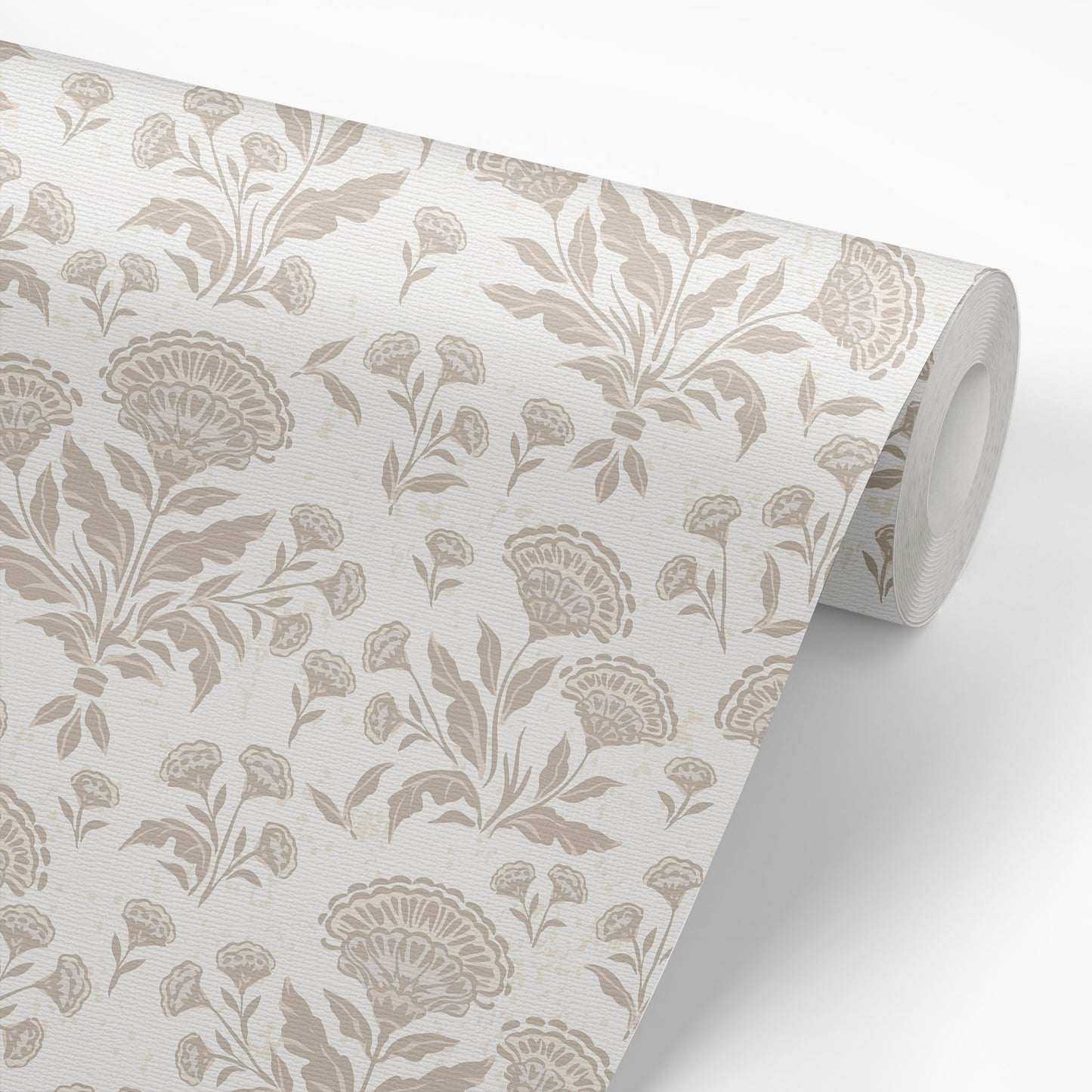 Roll of floral patterned wallpaper on a white background