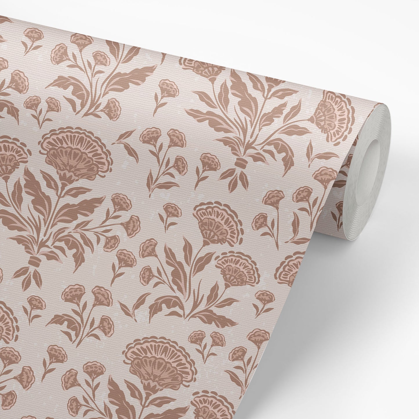 Roll of floral patterned wallpaper on a light background