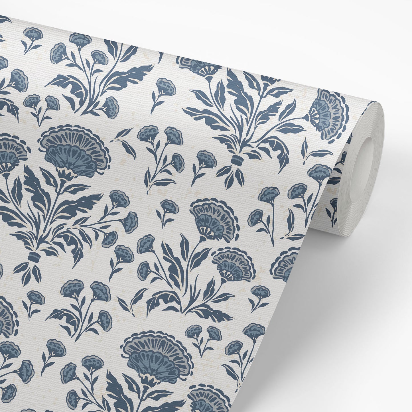 Roll of floral patterned wallpaper with blue flowers on a white background