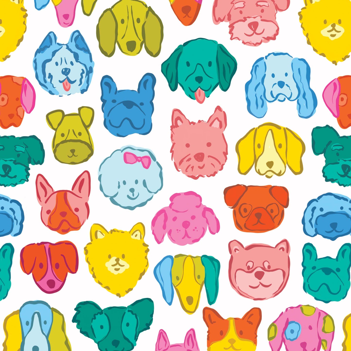 Pattern of colorful dog faces on a white background