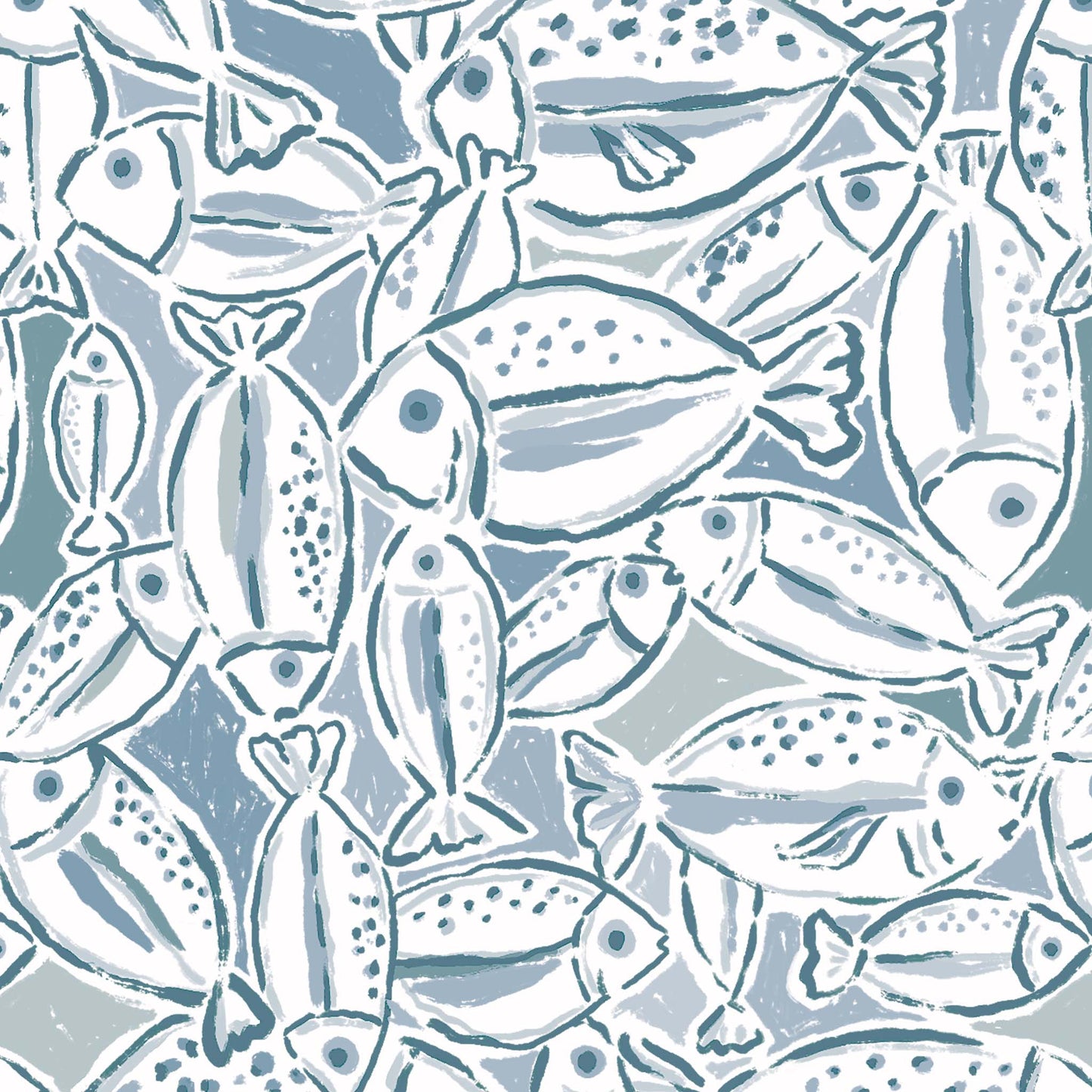 Pattern of stylized fish illustrations on a light blue background
