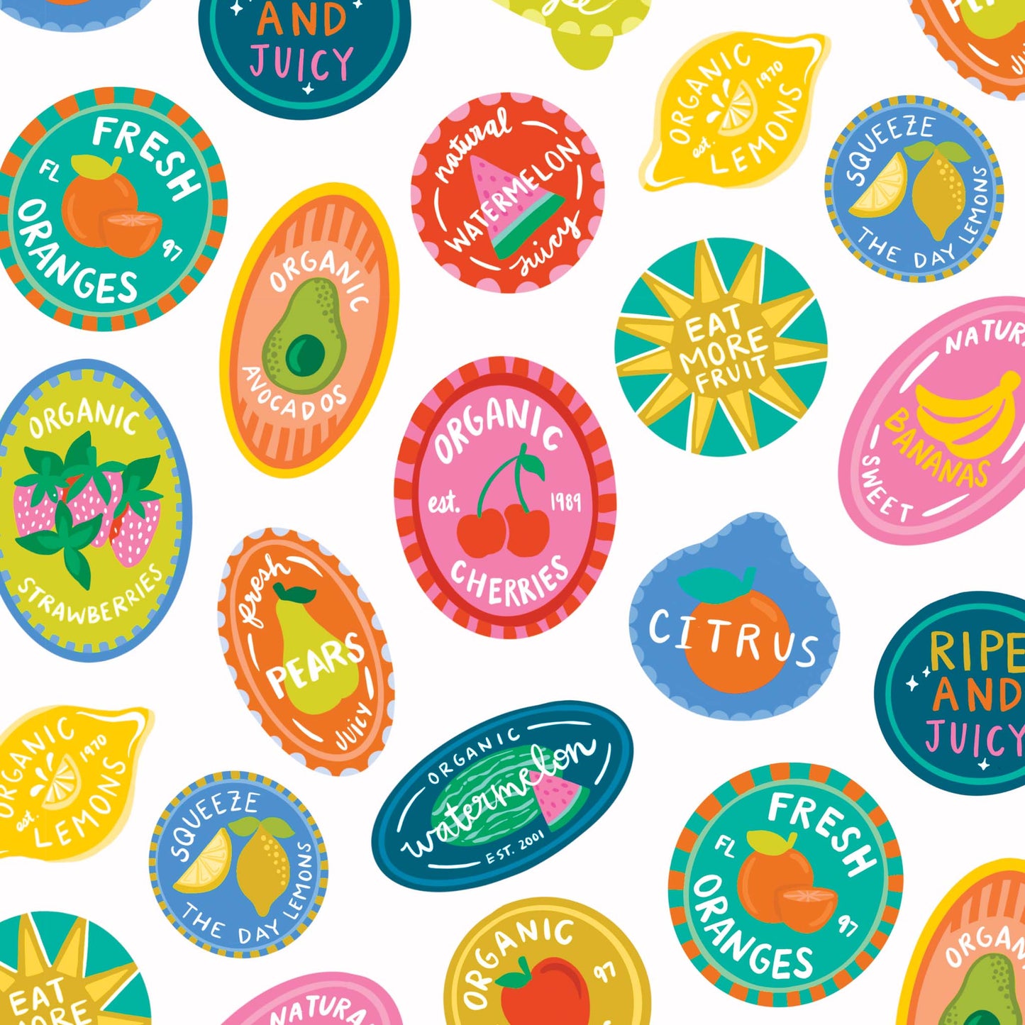 Pattern of colorful fruit stickers with text on a white background