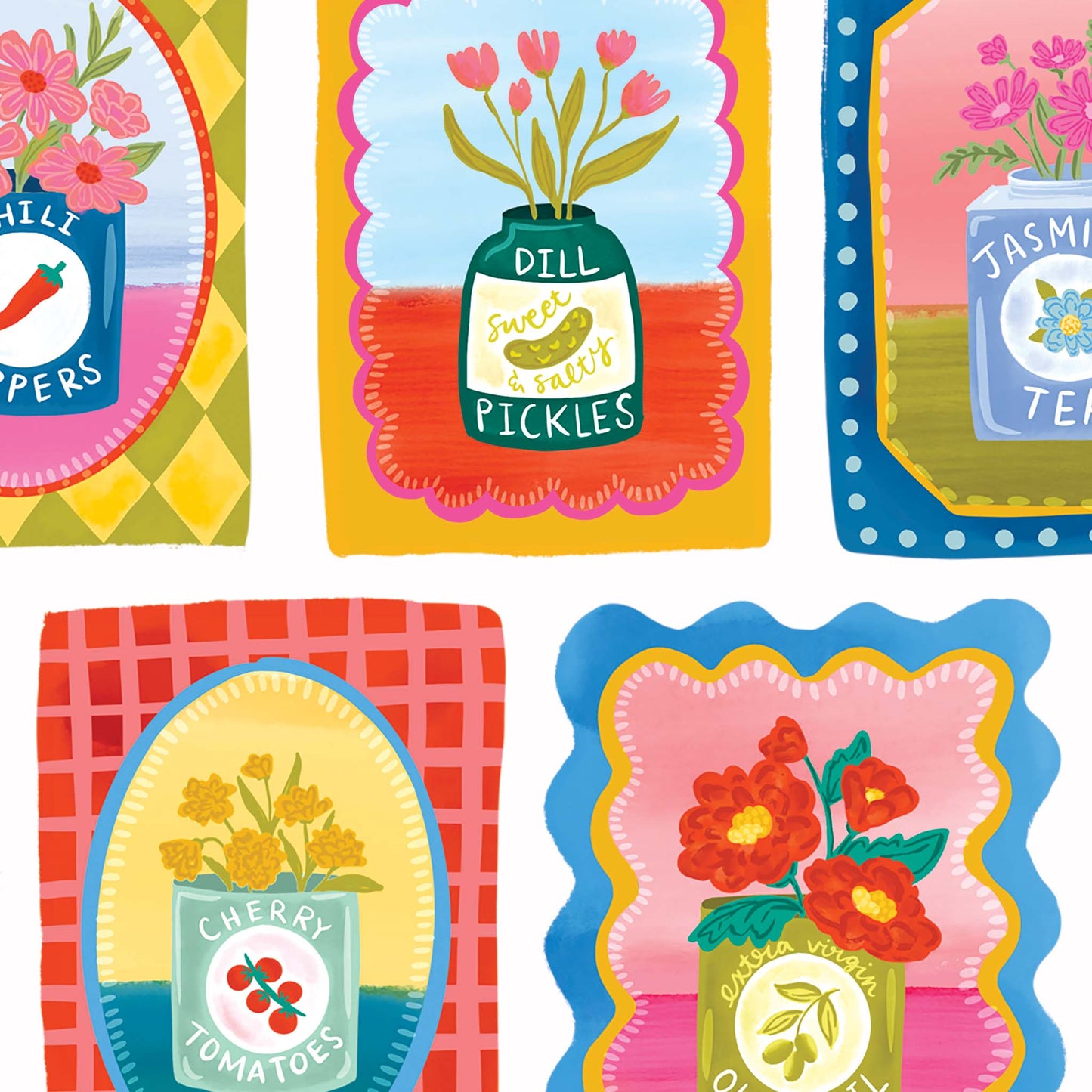 Colorful pattern of jars with floral designs and text on a white background