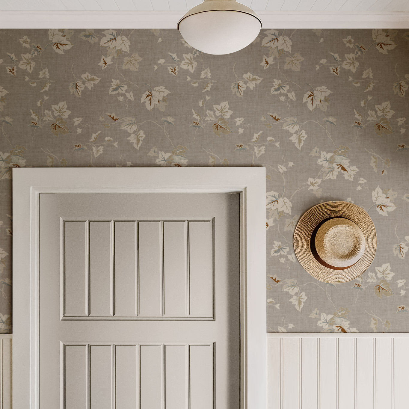 Climbing Ivy Wallpaper in Khaki shown in a hallway