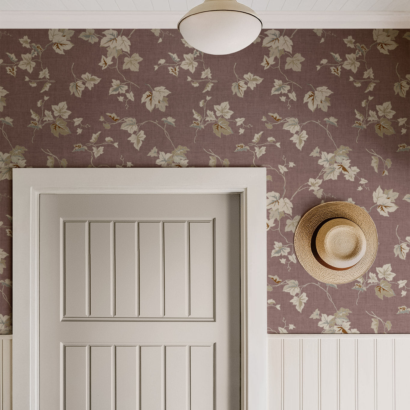 Climbing Ivy Wallpaper in Old Burgundy shown in a hallway