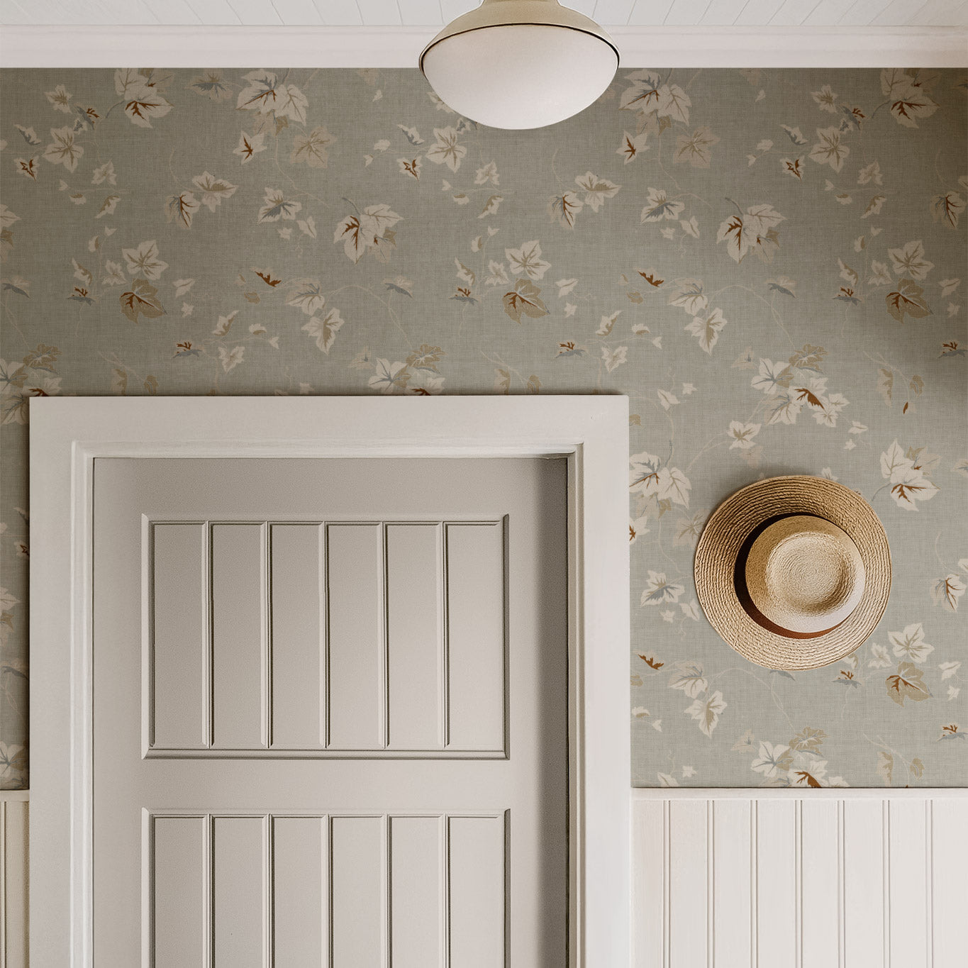 Climbing Ivy Wallpaper in Neutral shown in a hallway