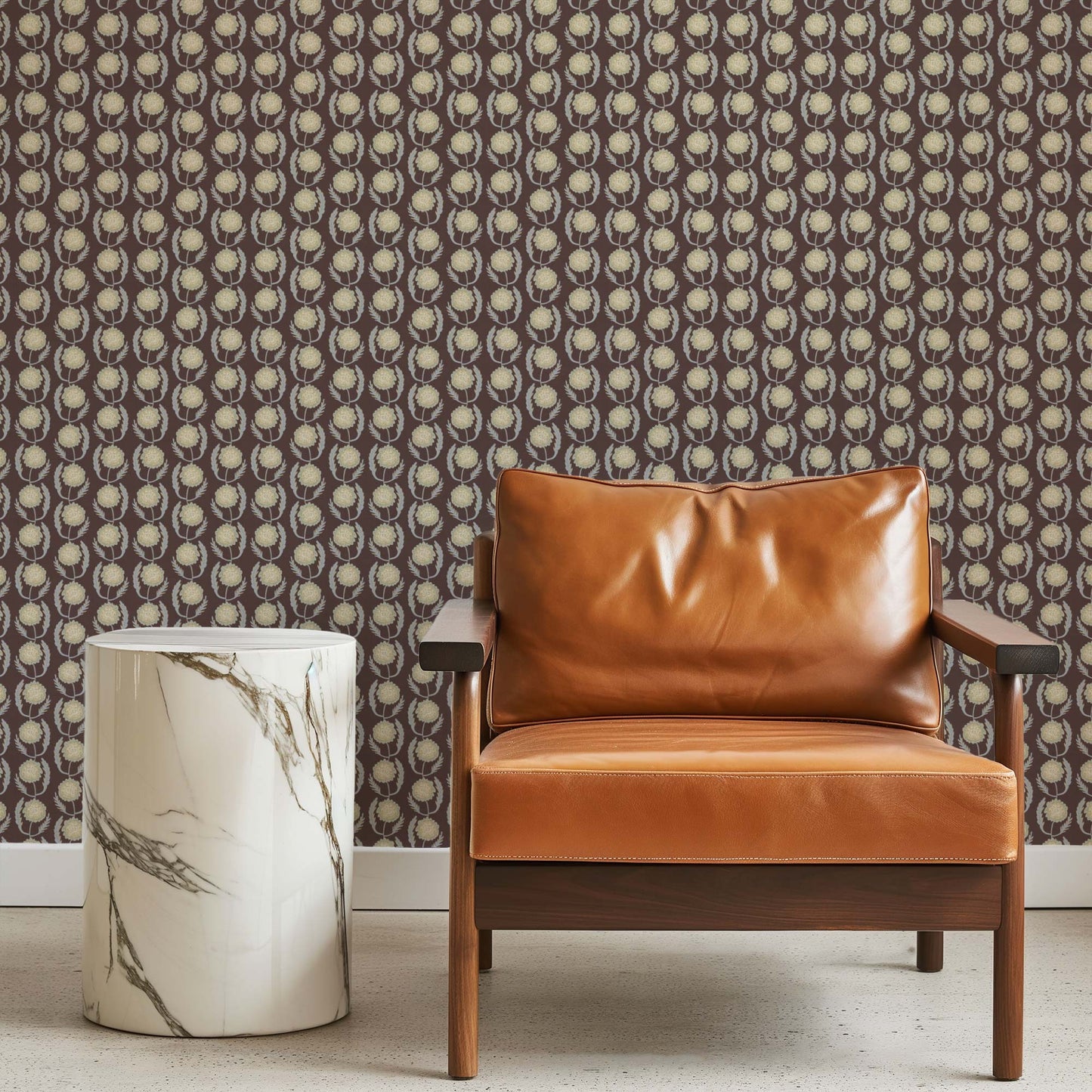 Lazy Peonies Wallpaper in Walnut in an office