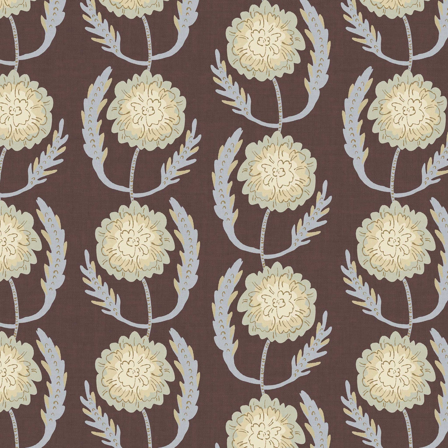 Closeup view of our Lazy Peonies Wallpaper in Walnut