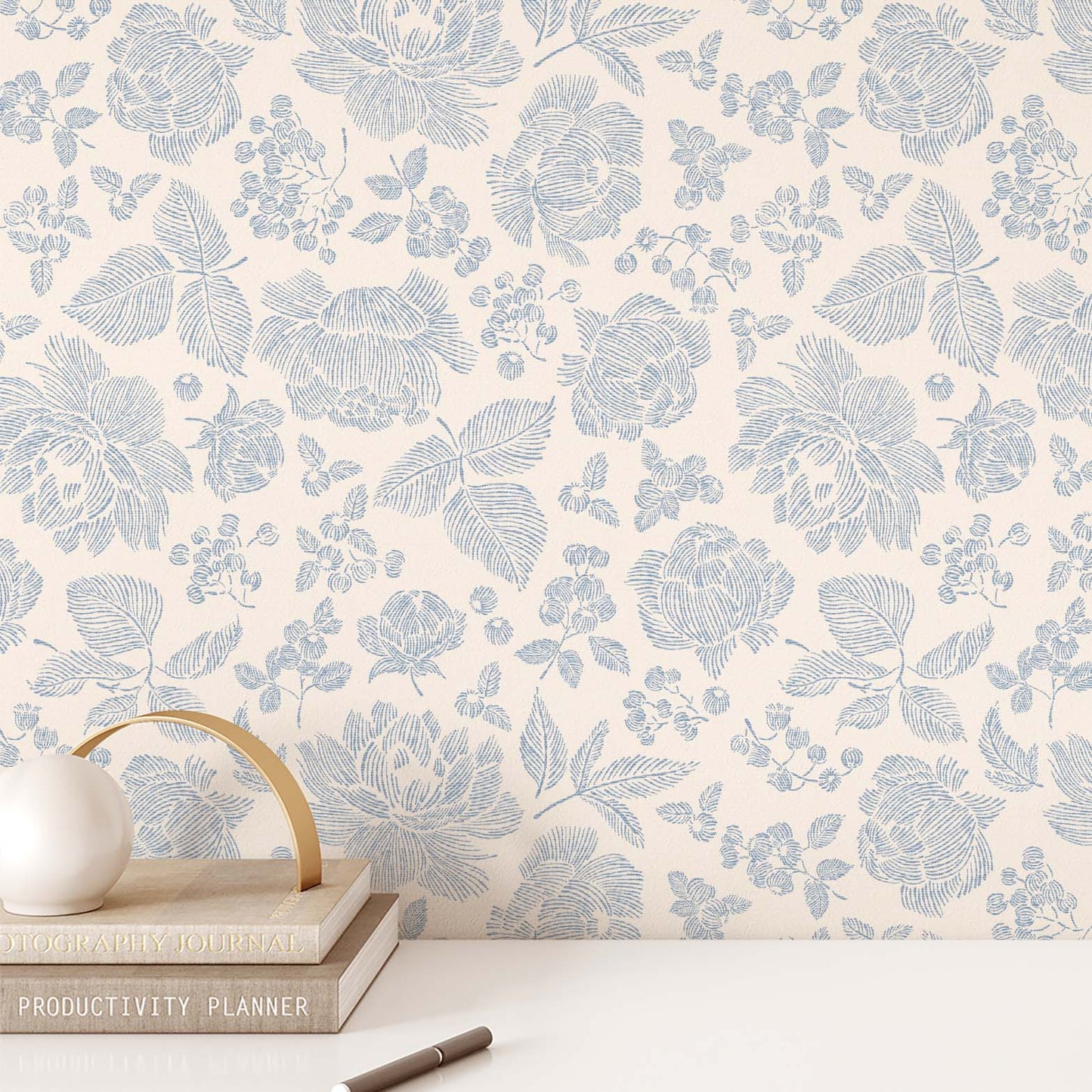 Infuse your walls with classic elegance with our Line Peonies and Berries Wallpaper in China Blue. The delicate blooms of peonies and sweet berries add a touch of sophistication to any room