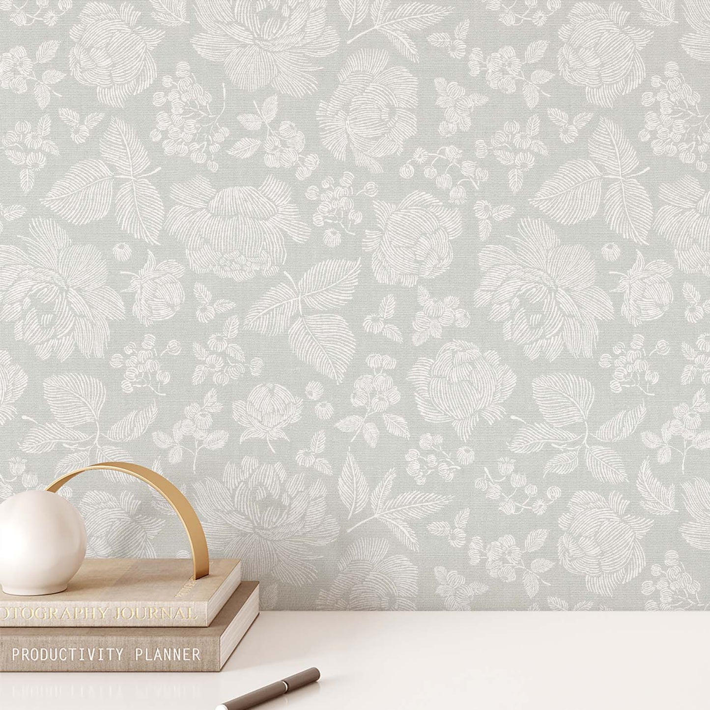 Line Peonies and Berries Wallpaper - White on Sage