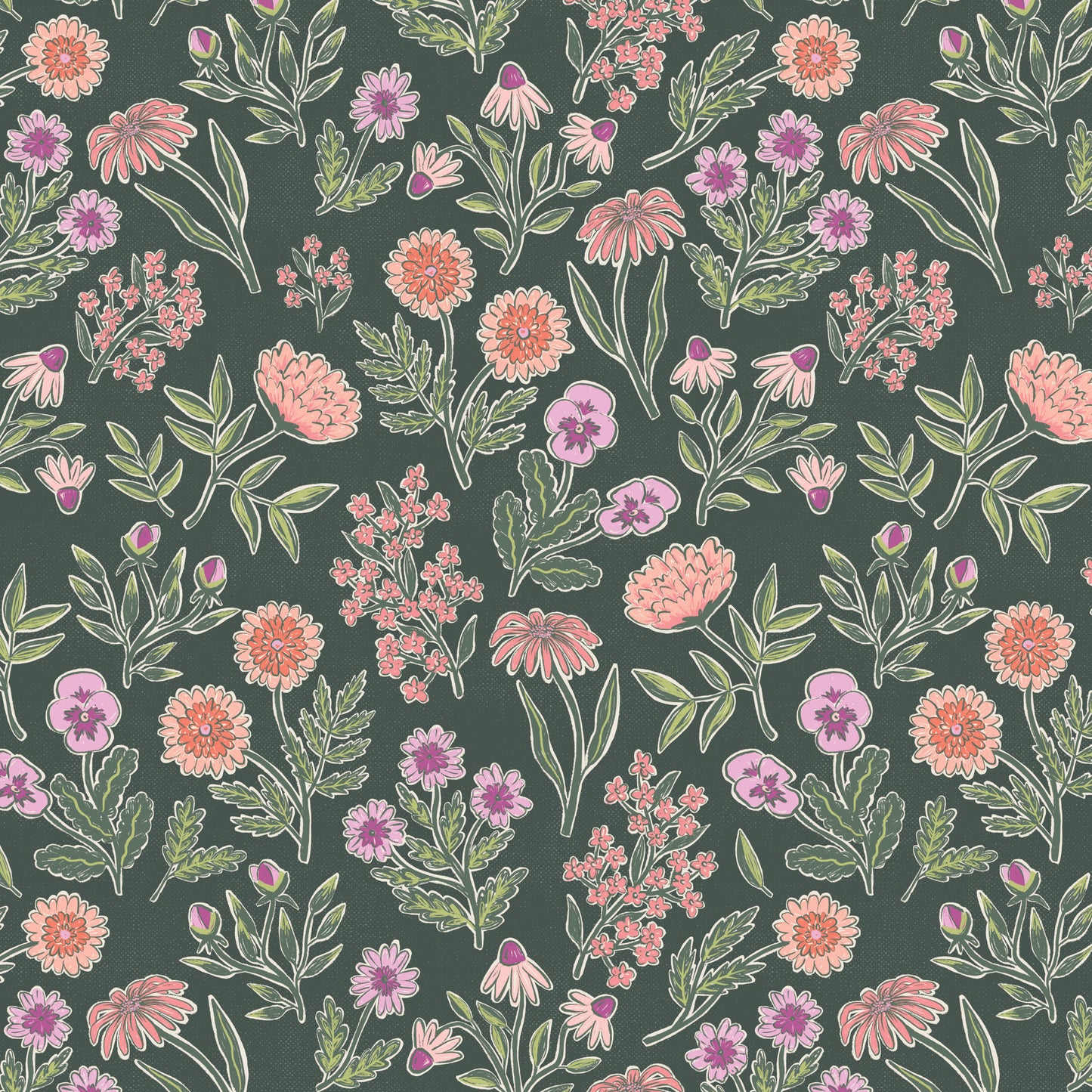 Floral pattern with pink and purple flowers on a dark green background