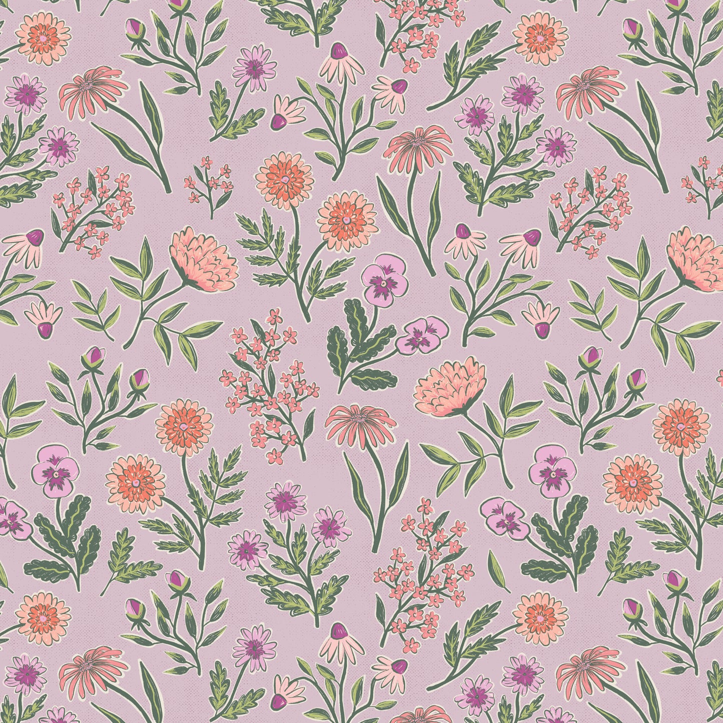 Floral pattern with pink, green, and orange flowers on a lavender background