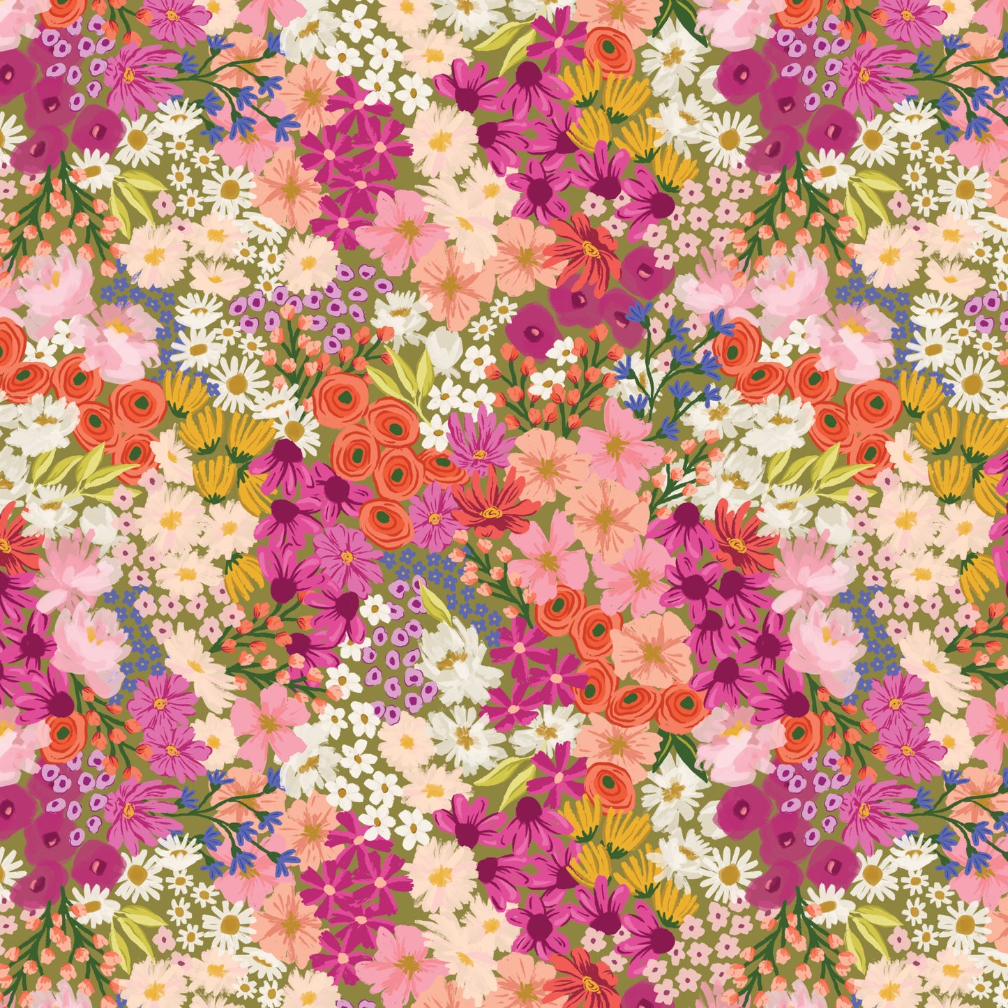 Colorful floral pattern with various flowers in a dense arrangement.