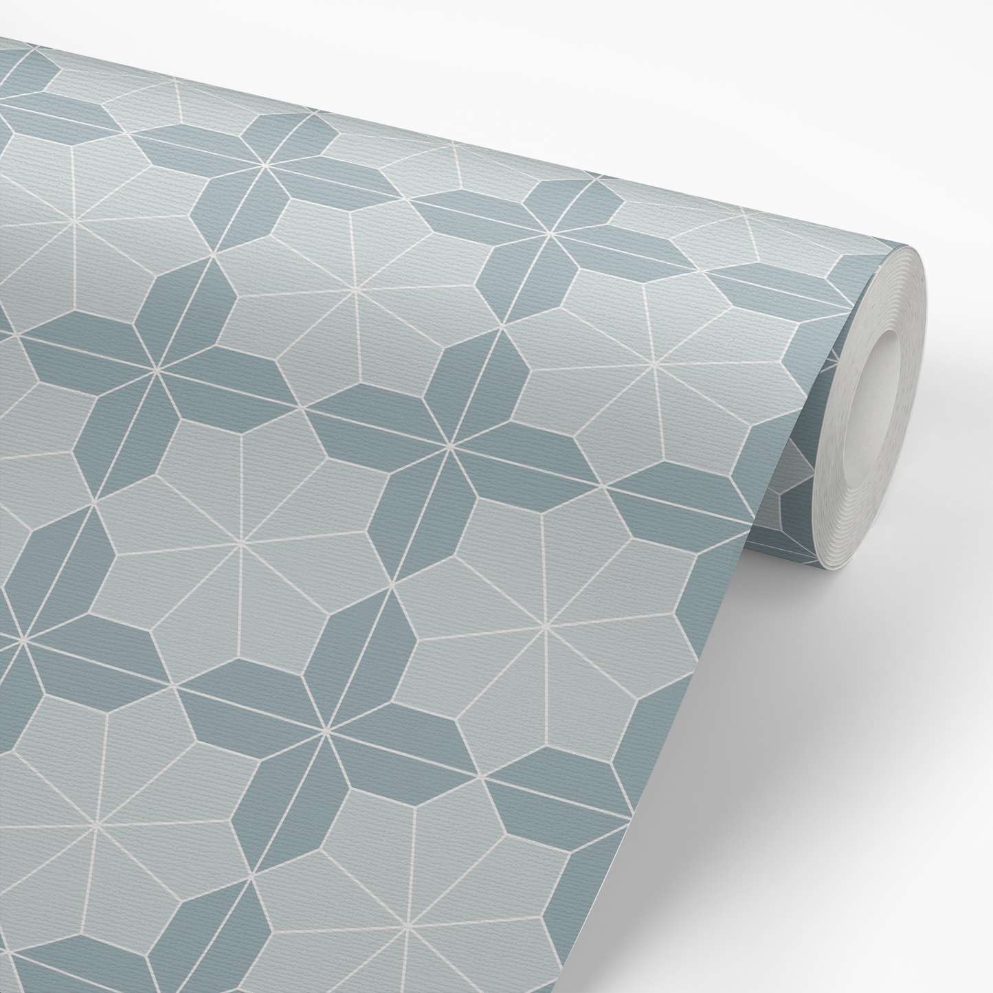 Roll of geometric patterned wallpaper with blue design