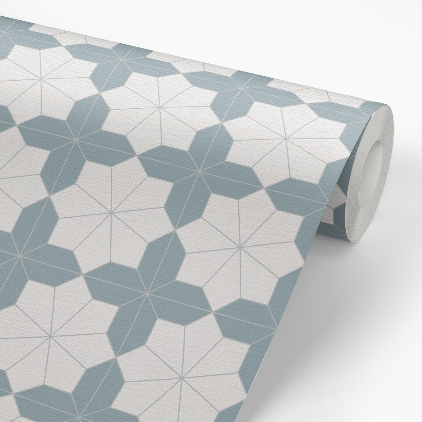 Roll of wallpaper with geometric blue and bone pattern