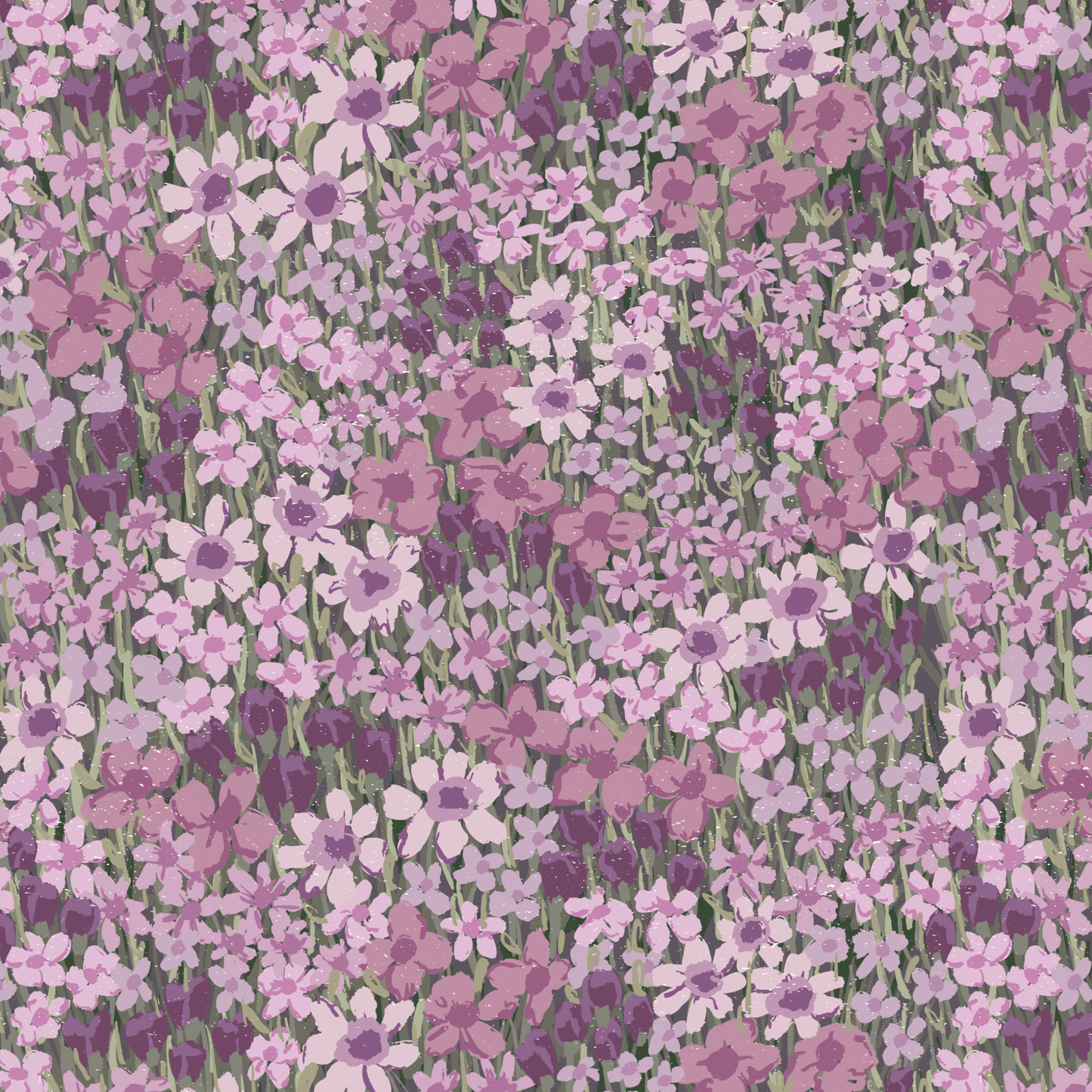 Pattern of small pink and purple flowers on a green background