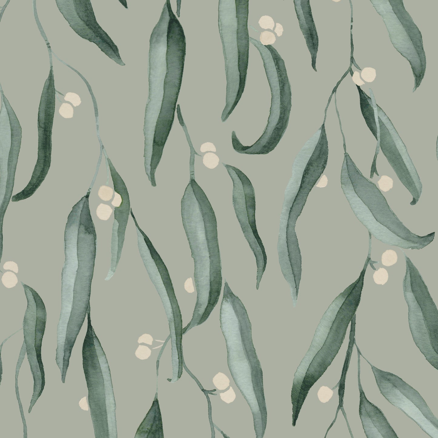 Pattern of green leaves and small white flowers on a light green background