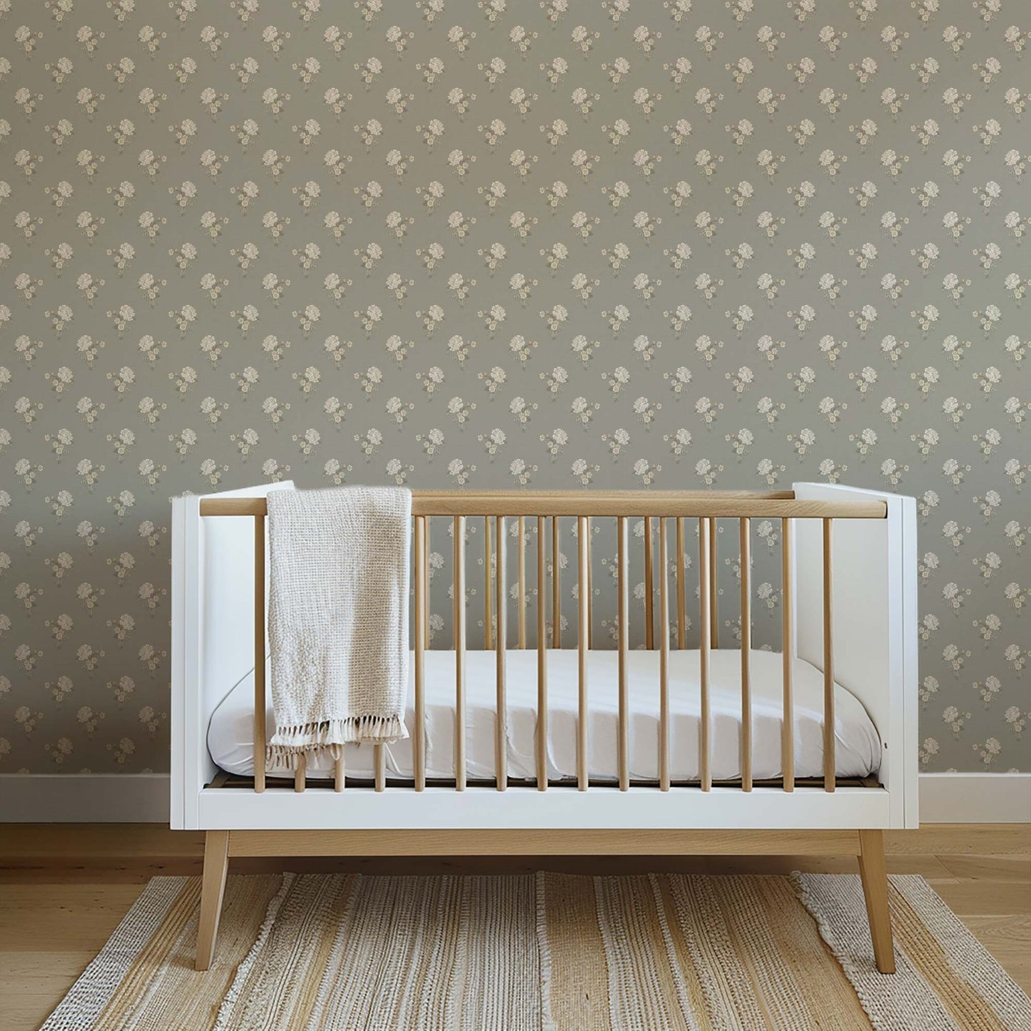 Foraged Peonies Wallpaper in Gray shown in a nursery