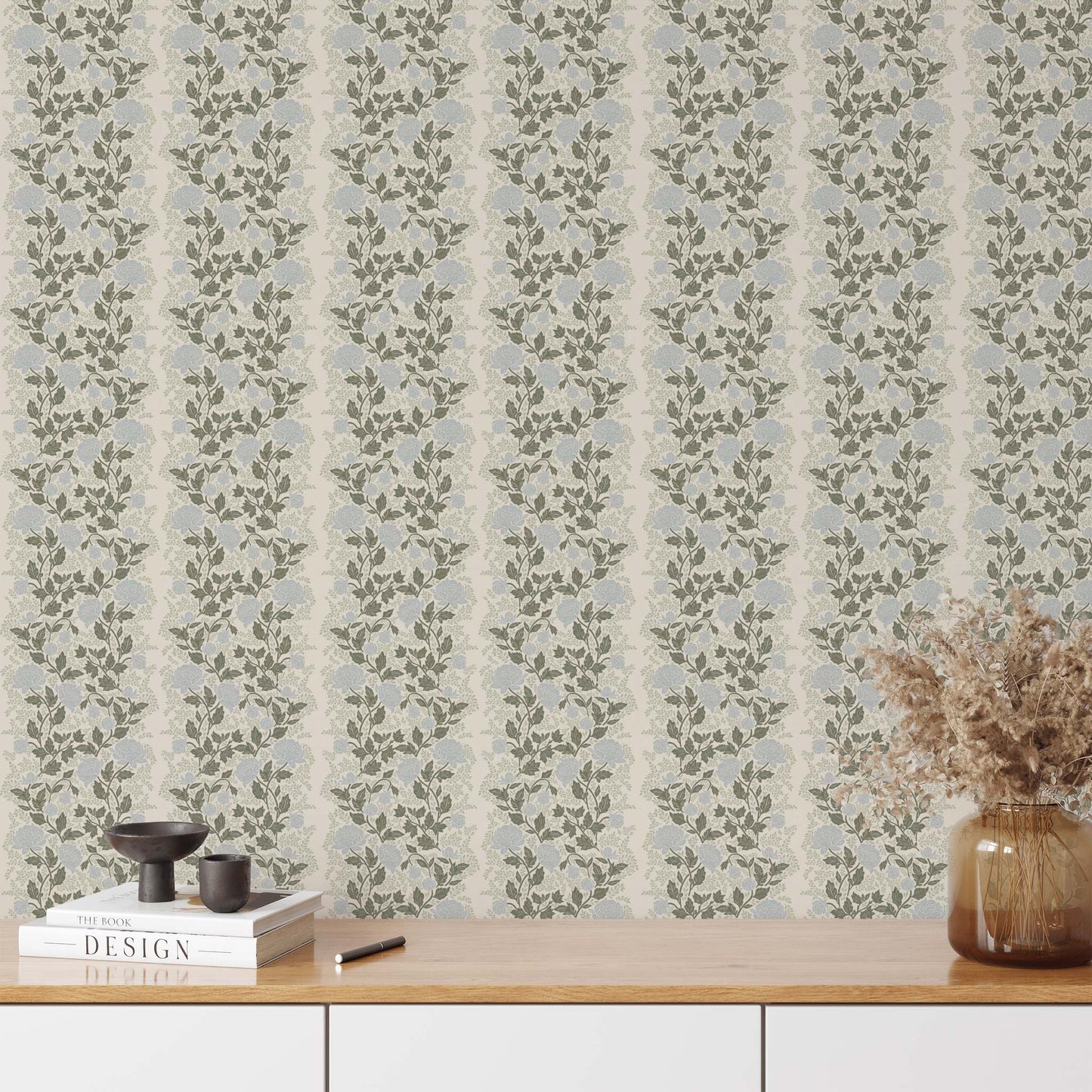 Peony Vines Wallpaper - Blue Buds