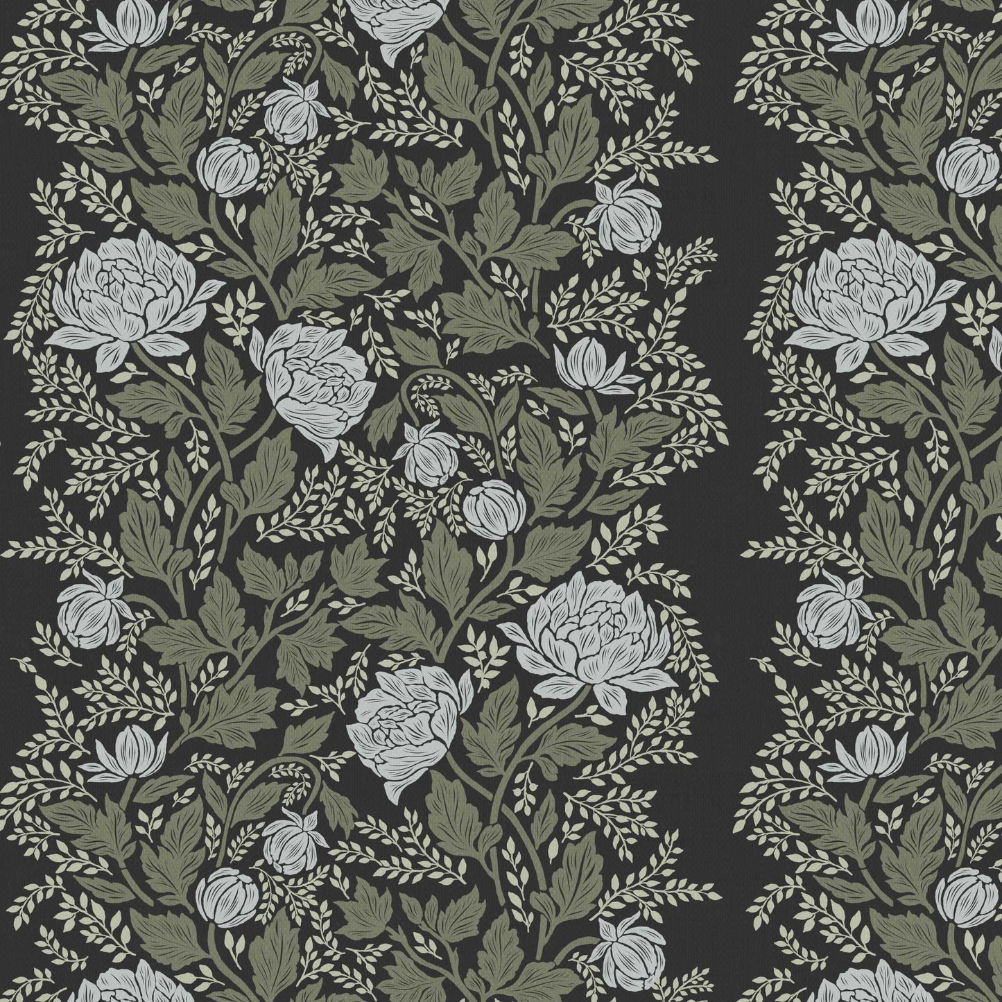 Closeup view of our Peony Vines Wallpaper in Ash