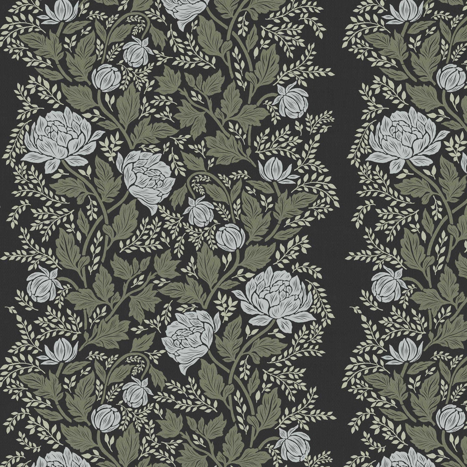 Closeup view of our Peony Vines Wallpaper in Ash