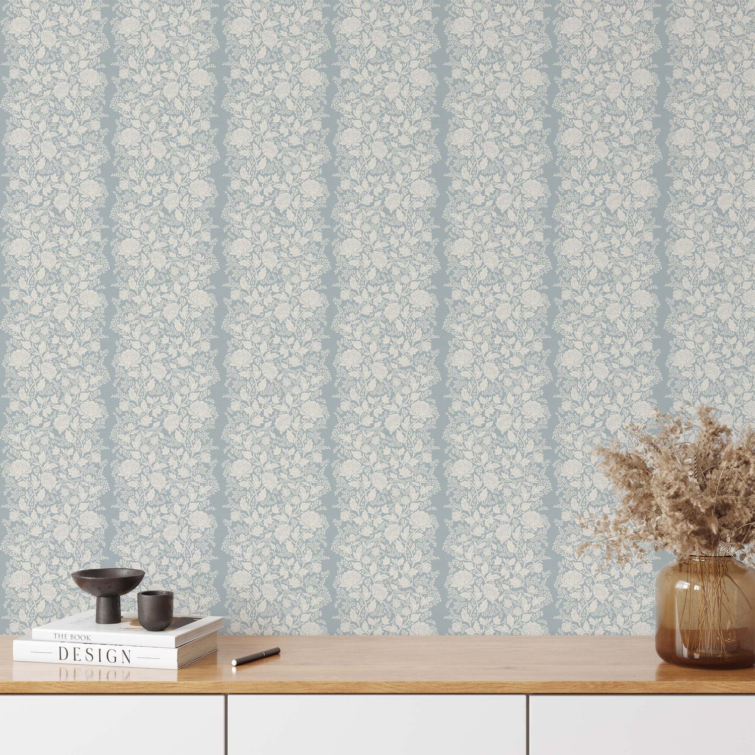 Peony Vines Wallpaper in Cream on Pale Blue shown in an entryway
