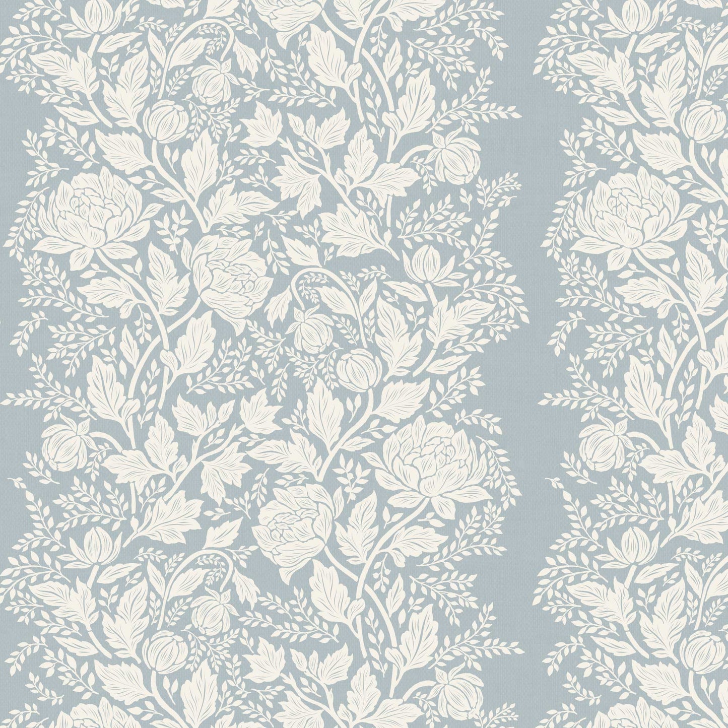Closeup view of our Peony Vines Wallpaper in Cream on Pale Blue