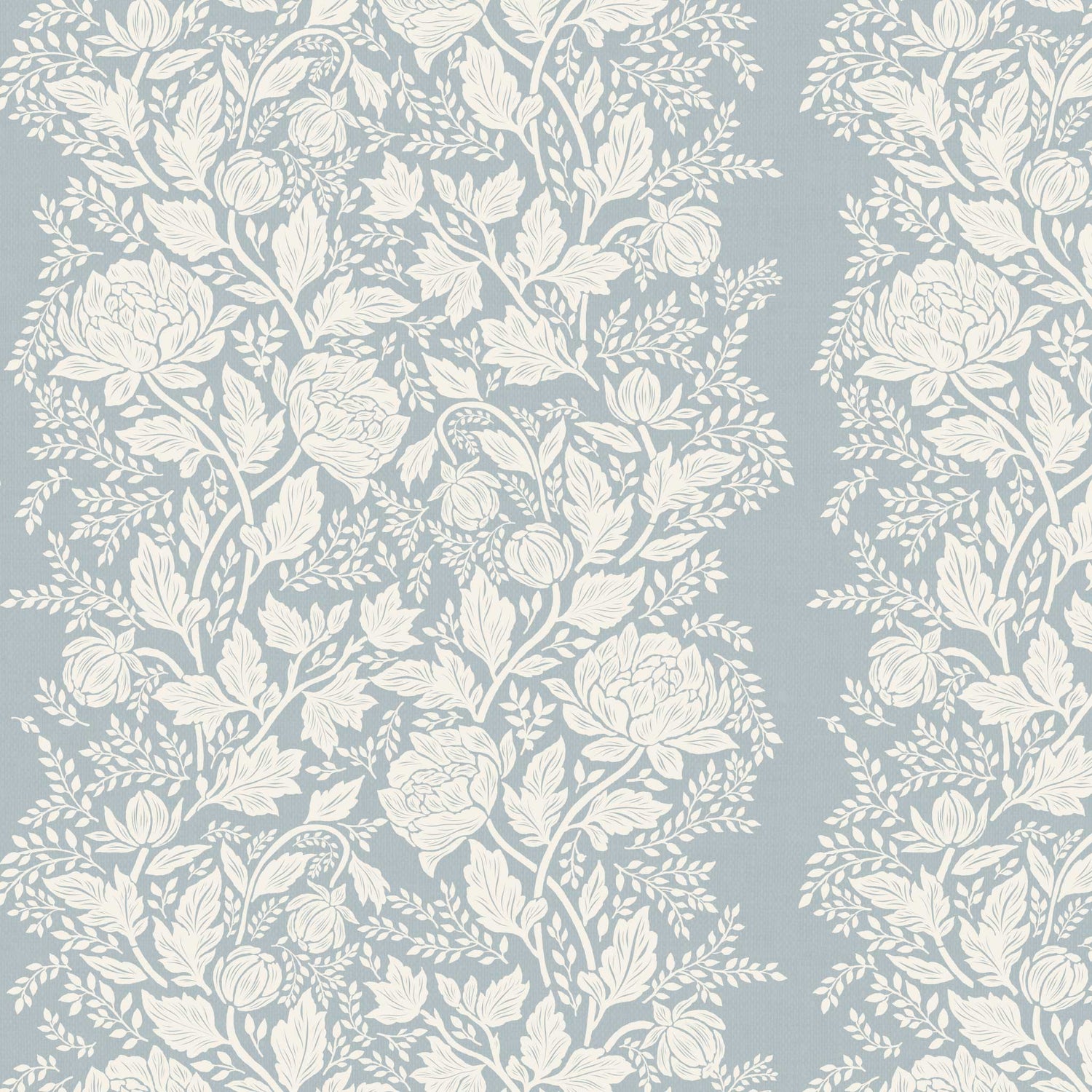 Closeup view of our Peony Vines Wallpaper in Cream on Pale Blue