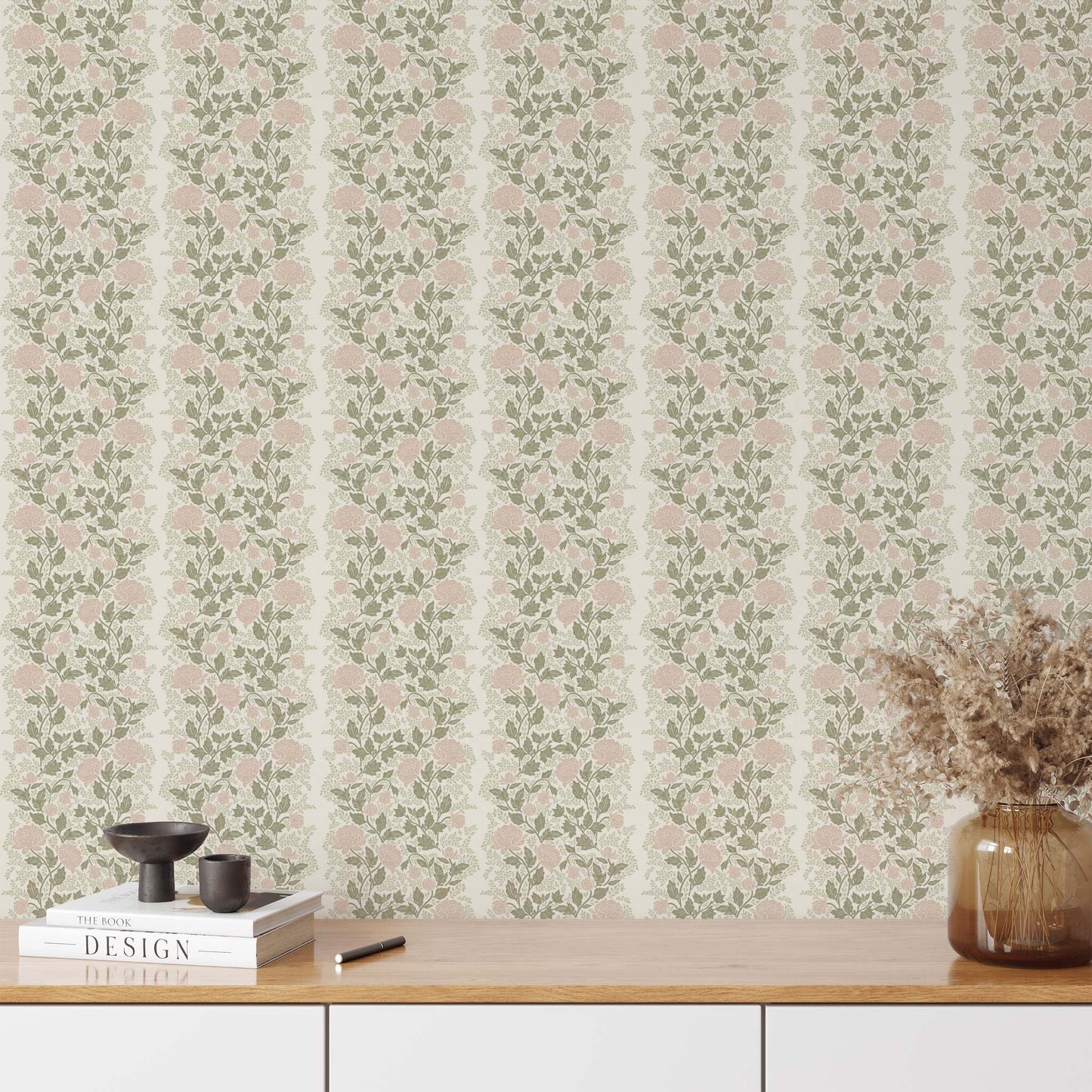 Peony Vines Wallpaper in Mauve Buds shown in an entryway