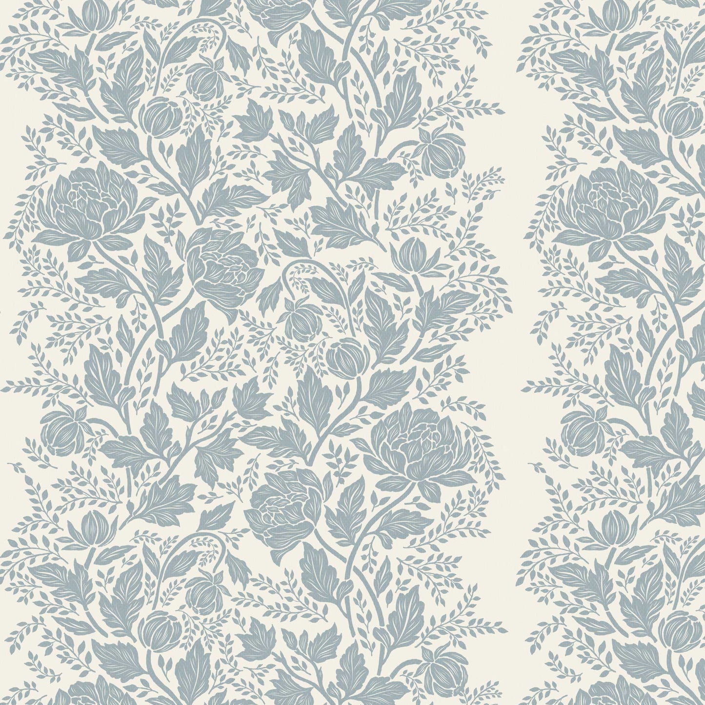 Closeup view of our Peony Vines Wallpaper in Pale Blue on Cream