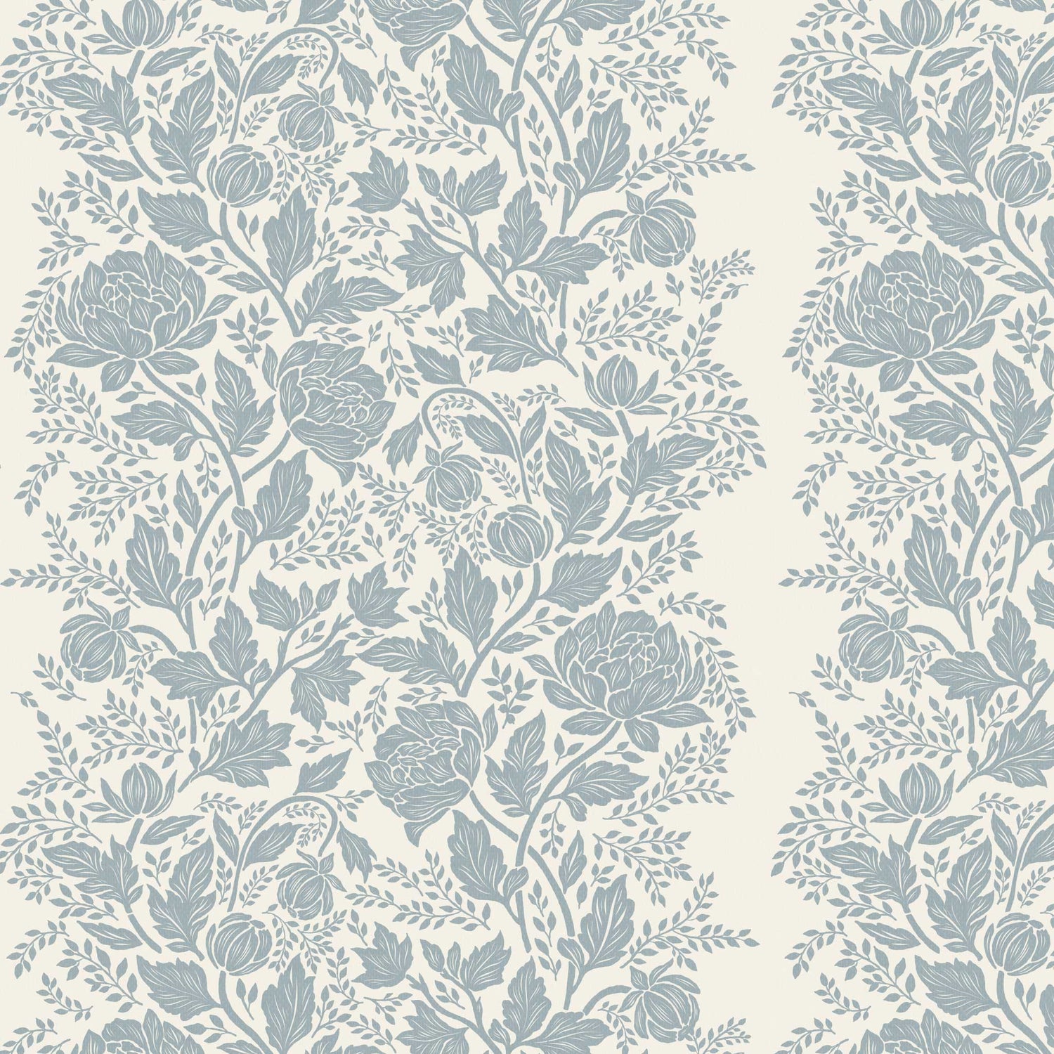 Closeup view of our Peony Vines Wallpaper in Pale Blue on Cream