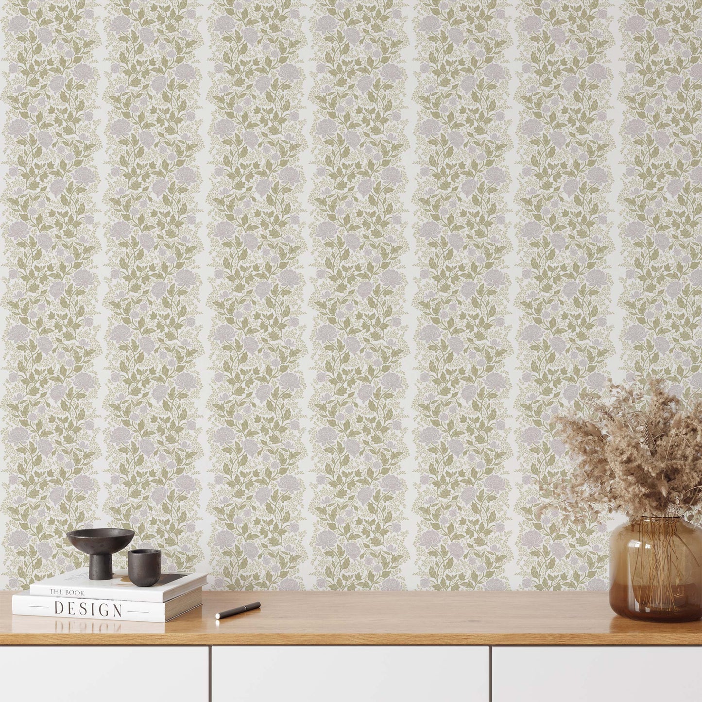 Peony Vines Wallpaper in Lilac Buds shown in an entryway