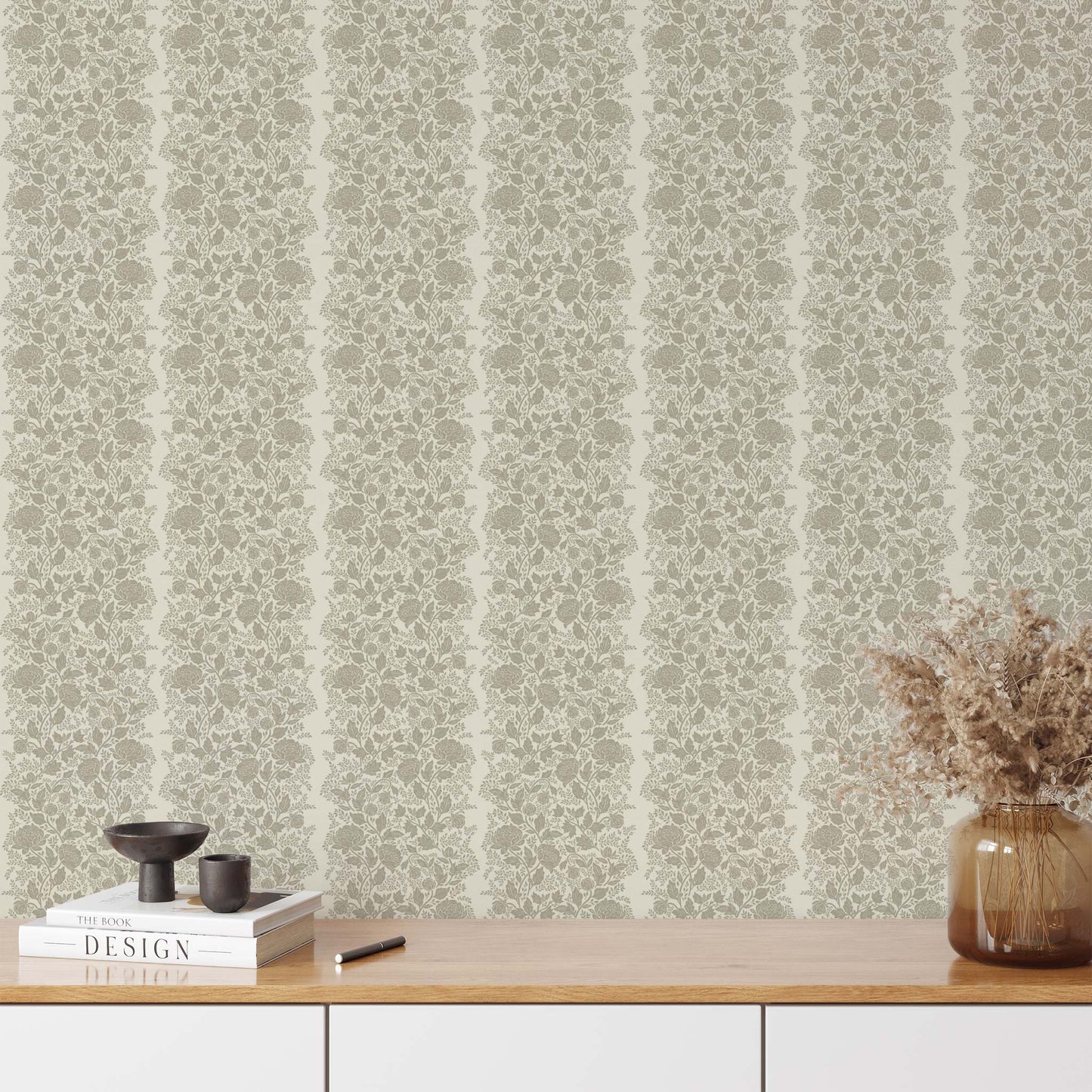 Peony Vines Wallpaper in Taupe on Cream shown in an entryway