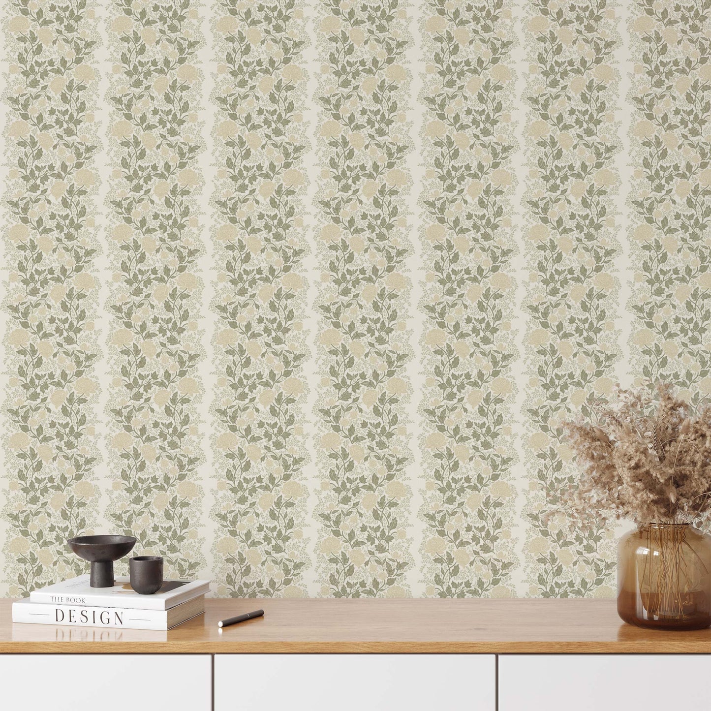 Peony Vines Wallpaper in Soft Yellow Buds shown in an entryway