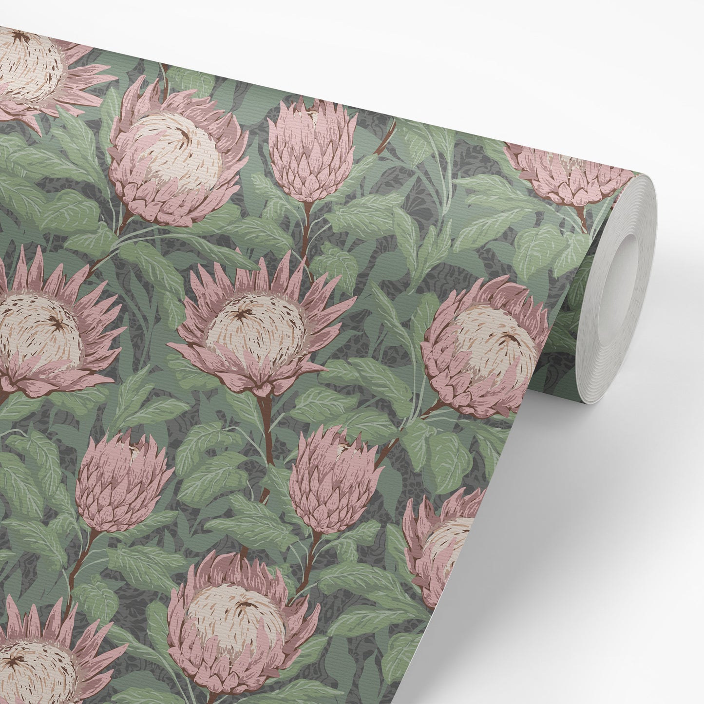 Protea Wallpaper in Dusty Mauve shown on a wallpaper roll.