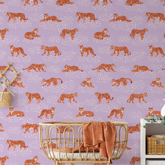 Nursery featuring our Tiger Meadow Wallpaper in Purple by artist Tayler Mitchell for Ayara