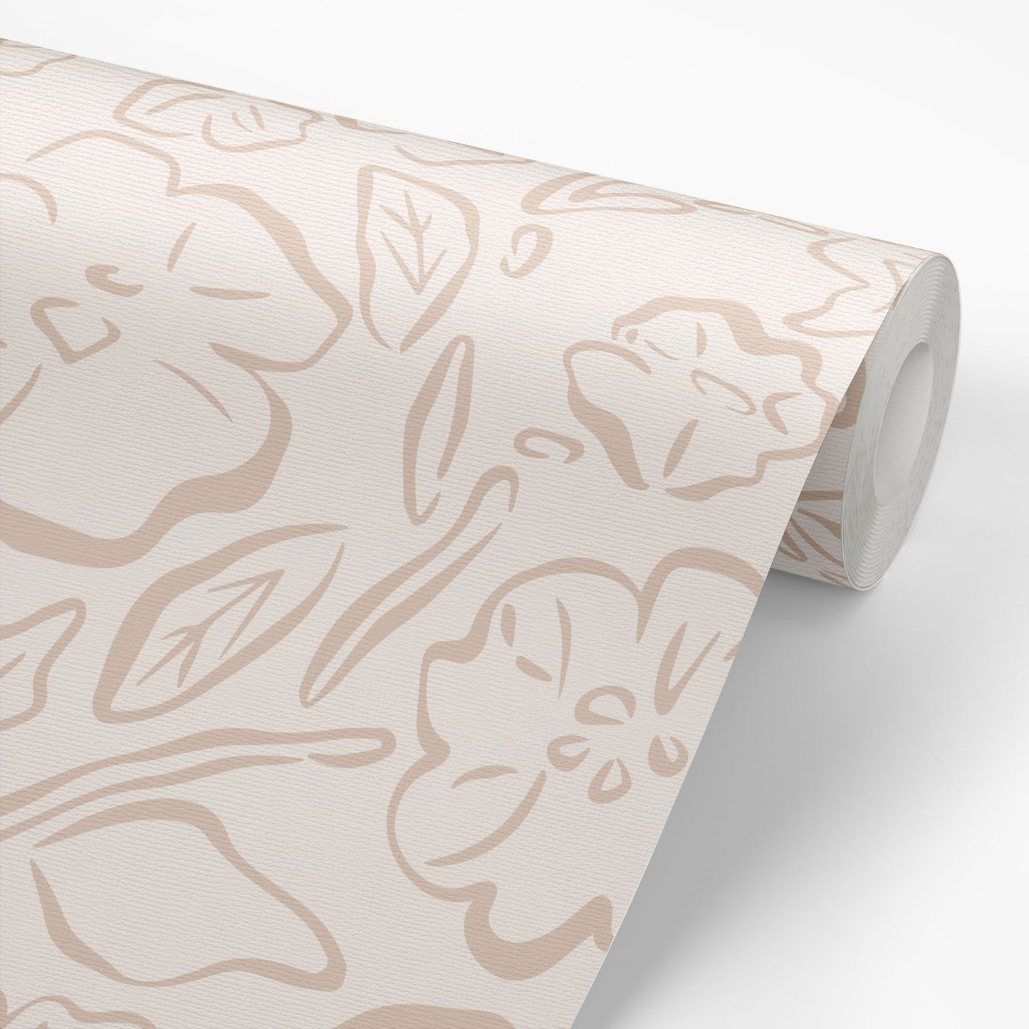 This Beverly Wallpaper in nude offers a stylish and feminine touch with its delicate floral design shown on a wallpaper roll.