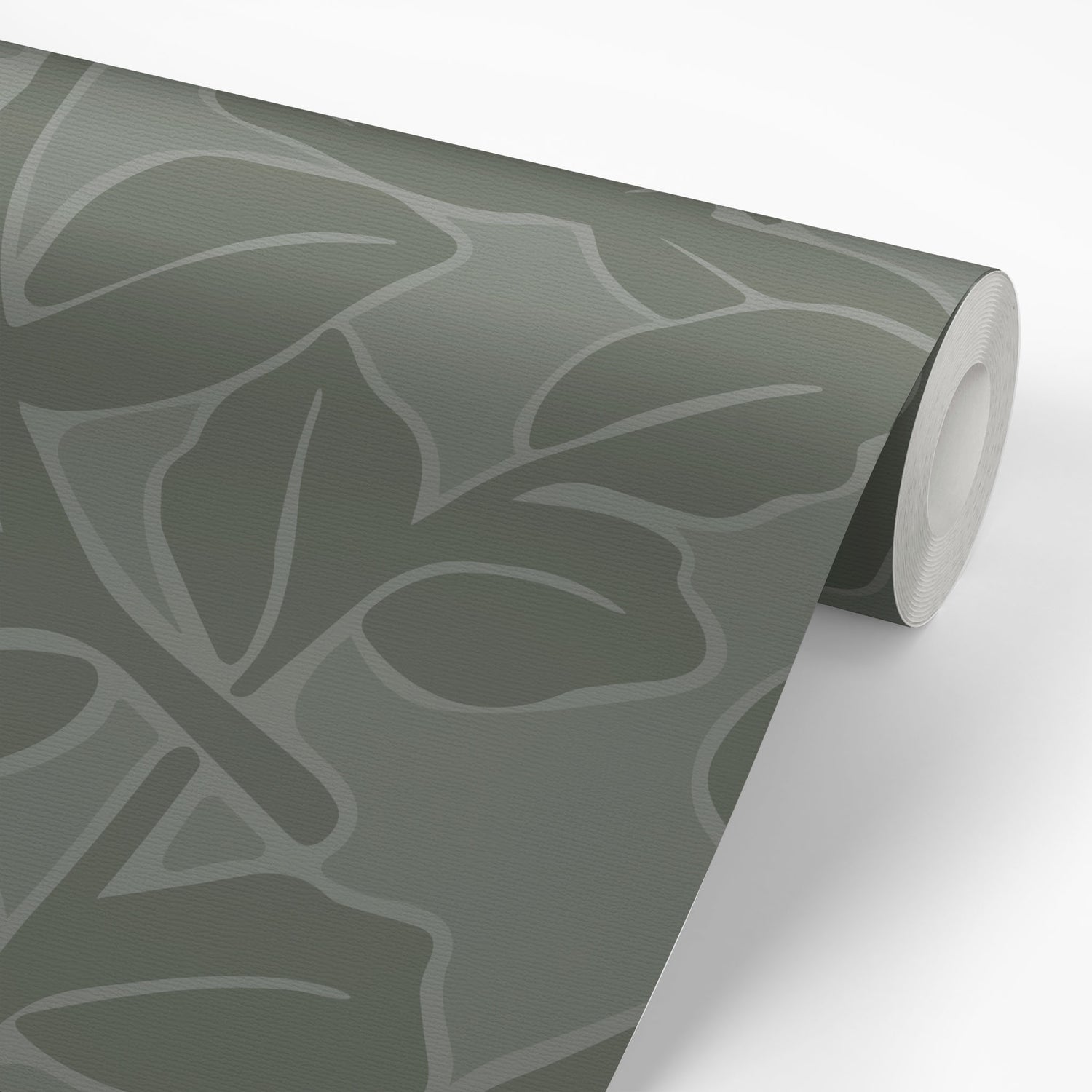 Brookline wallpaper with vines and big florals shown on a wallpaper roll.