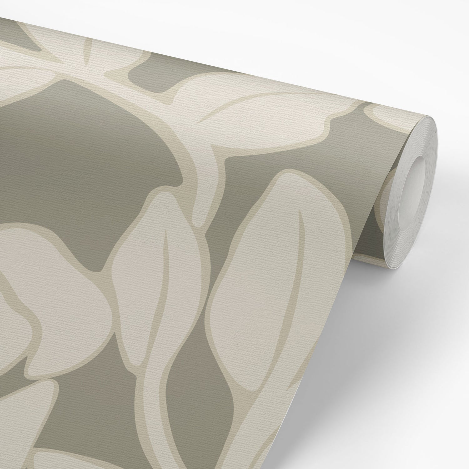 Brookline wallpaper with vines and big florals shown on wallpaper roll.