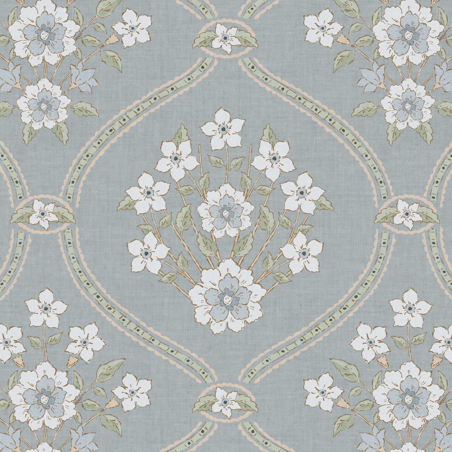 Closeup view of our Romantic Trellis Wallpaper in French Blue