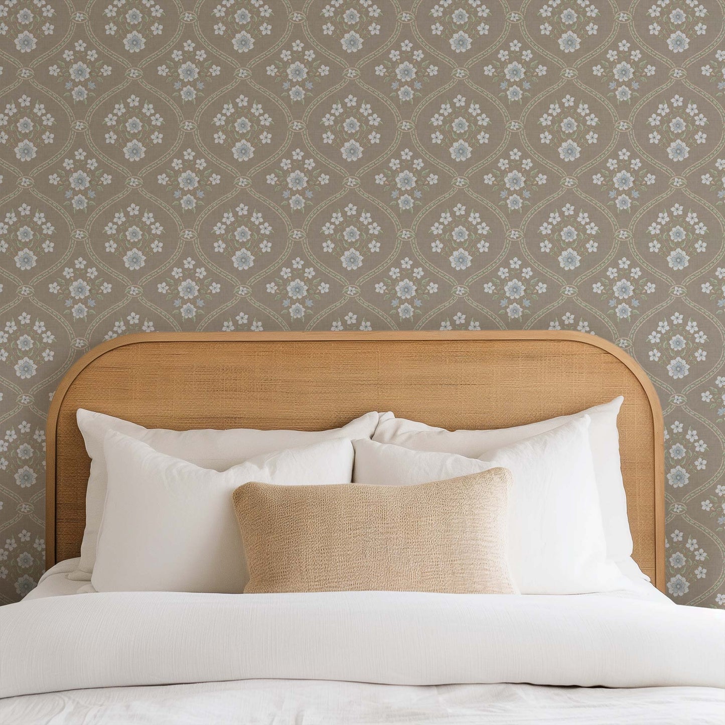 Romantic Trellis Wallpaper in Khaki  shown in a bedroom