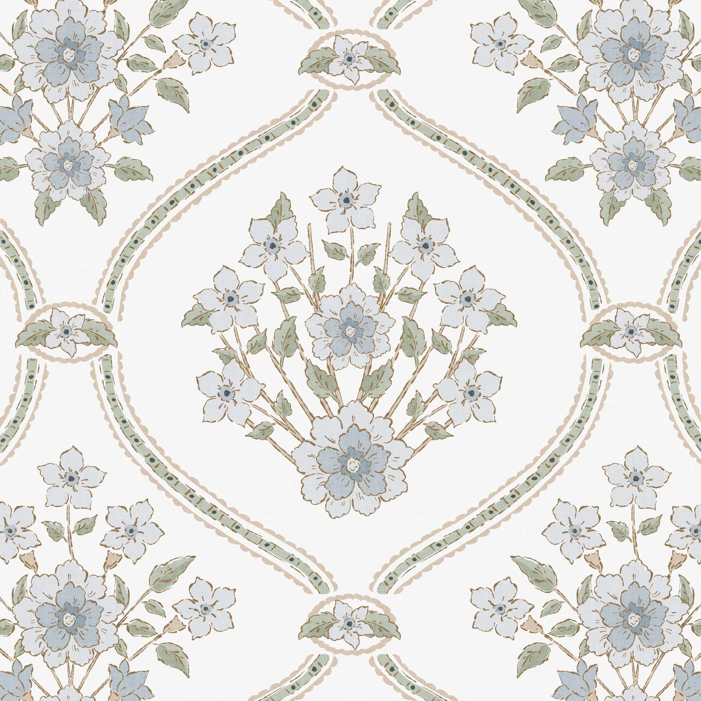 Romantic Trellis Wallpaper in White shown in a closeup view