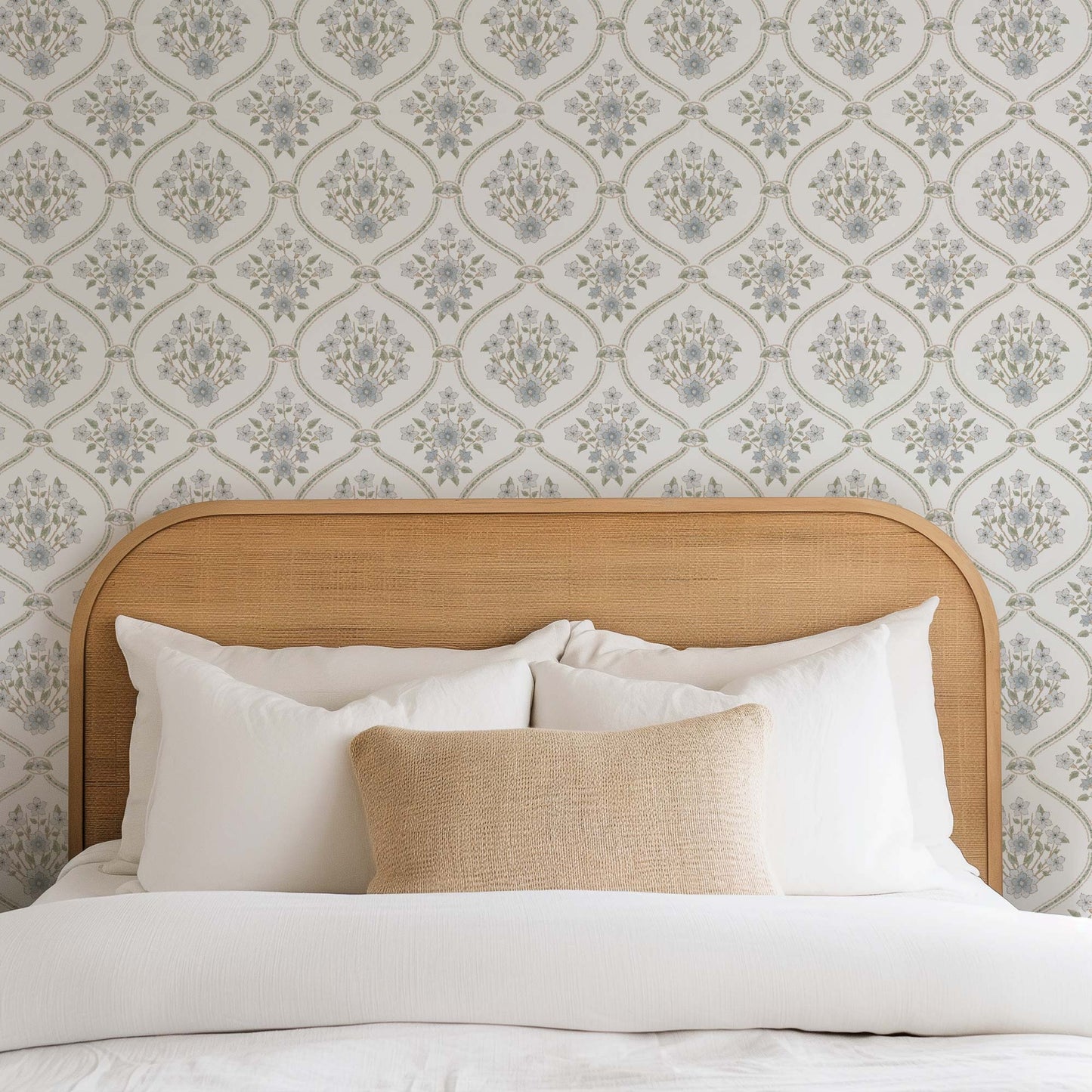 Romantic Trellis Wallpaper in White shown in a bedroom