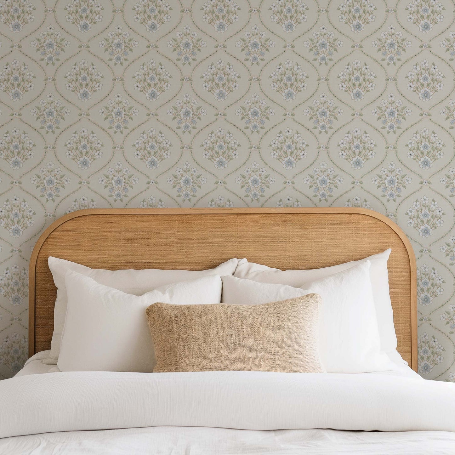Romantic Trellis Wallpaper in Linen shown in a bedroom