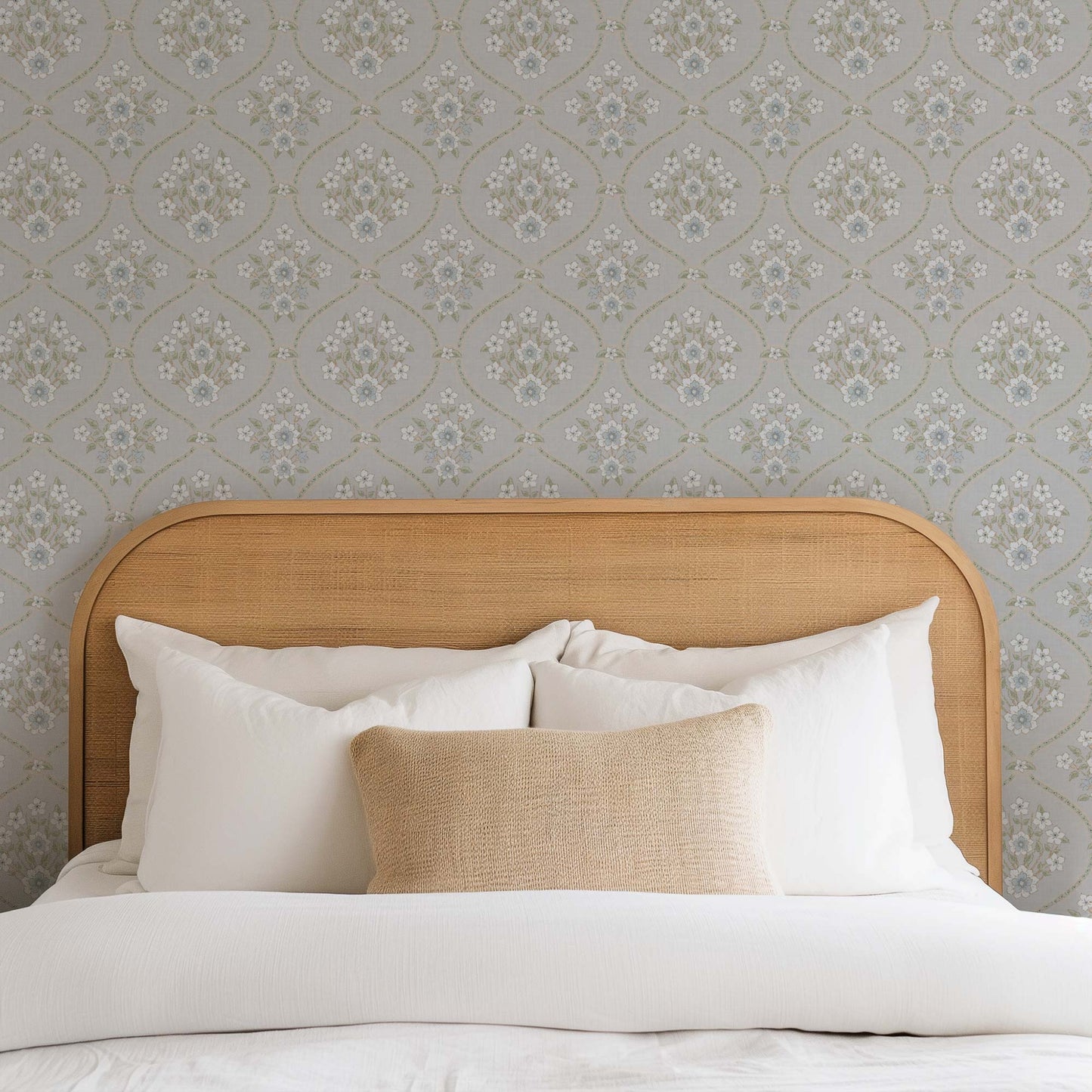 Romantic Trellis Wallpaper in Silver Gray shown in a bedroom